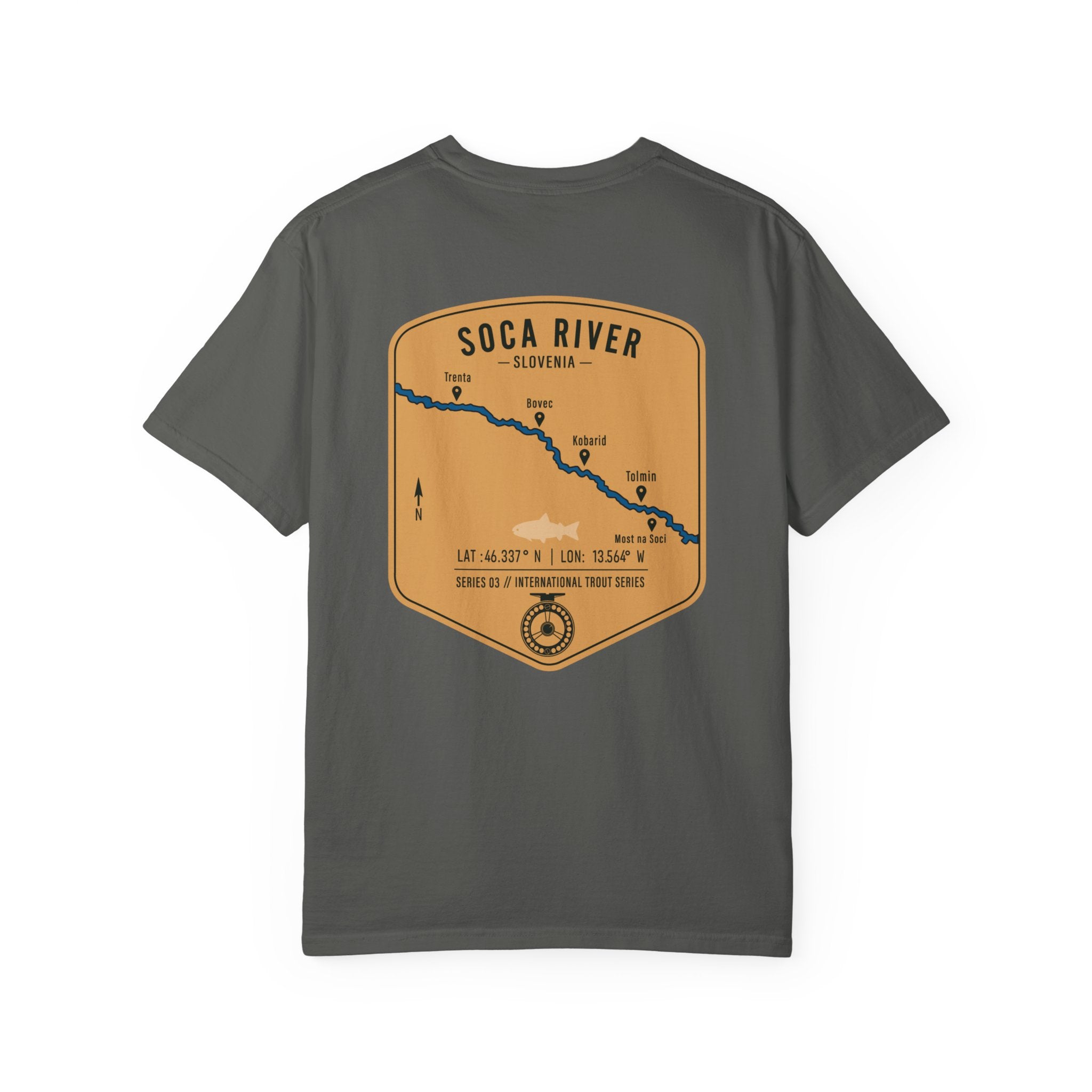 Soca River Slovenia Fly Fishing T-Shirt - International Trout Series Map Tee for Anglers and Outdoor Adventurers