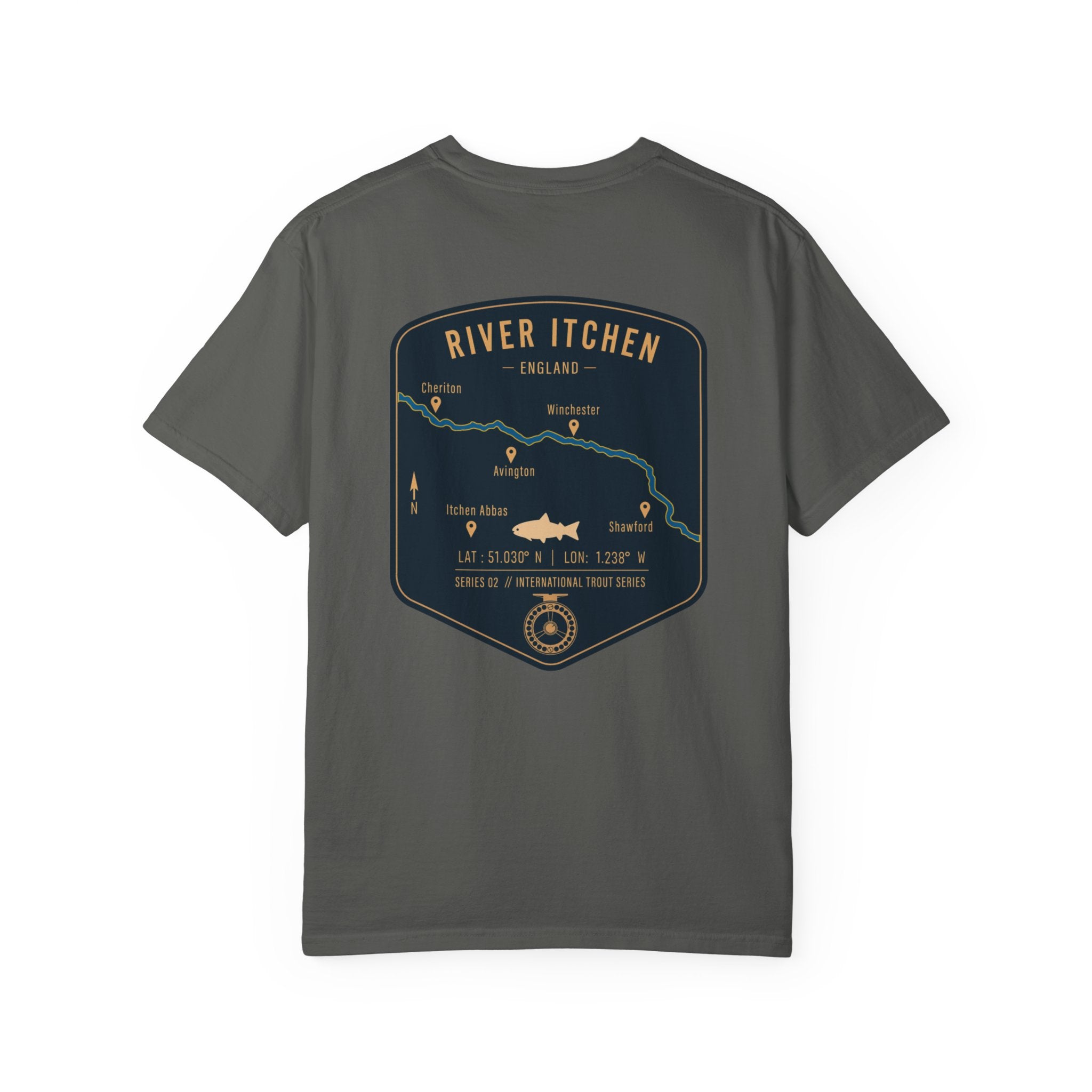 River Itchen England Fly Fishing Trout T-Shirt - Vintage Winchester Map Angler Gift - International Trout Series