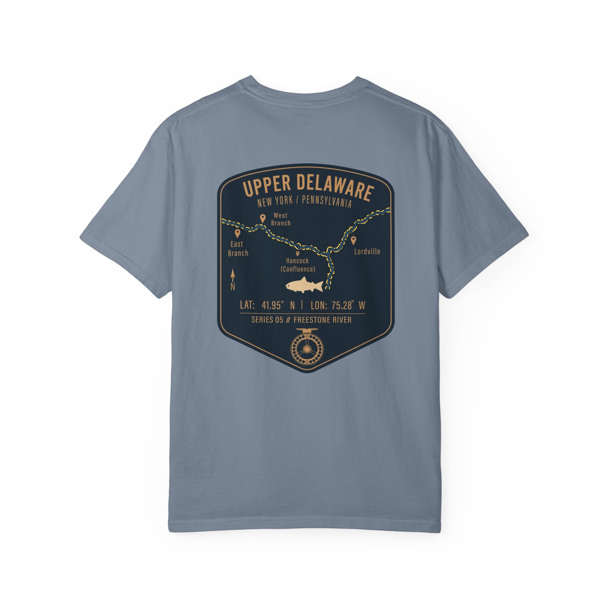 Upper Delaware River Fly Fishing T-Shirt - Vintage Hancock NY PA Map Design - Premium Angler Gift Tee