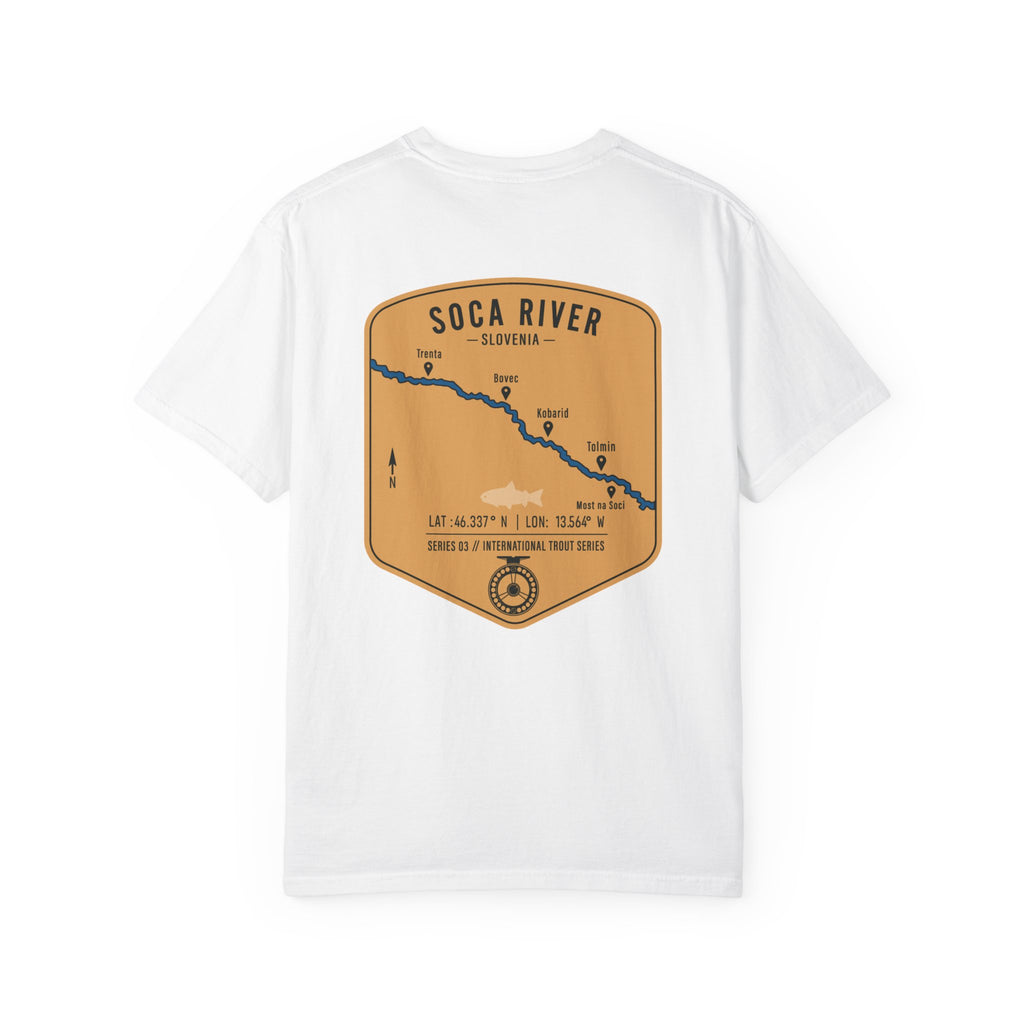 Soca River Slovenia Fly Fishing T-Shirt - International Trout Series Map Tee for Anglers and Outdoor Adventurers
