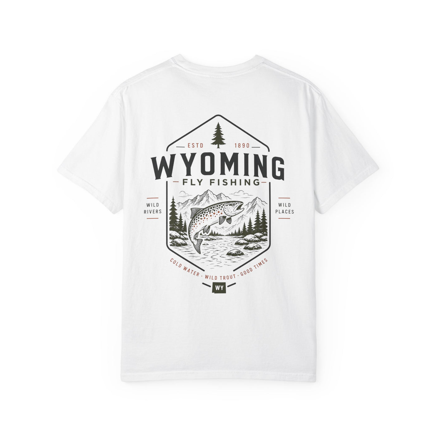 Wyoming - State Fly Fishing Badge — Rugged Cotton Tee