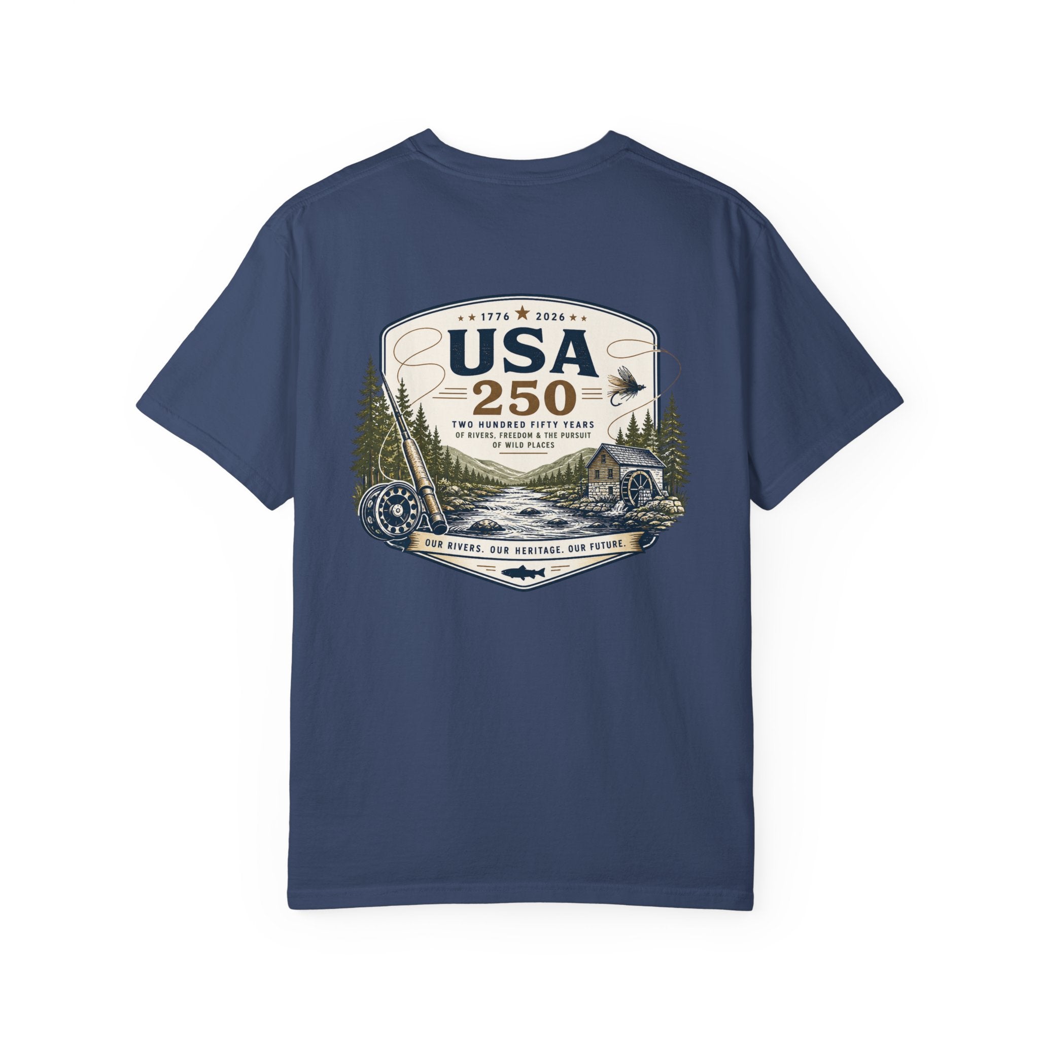 USA 250 River Heritage Light Color Back Badge Rugged Cotton Tee