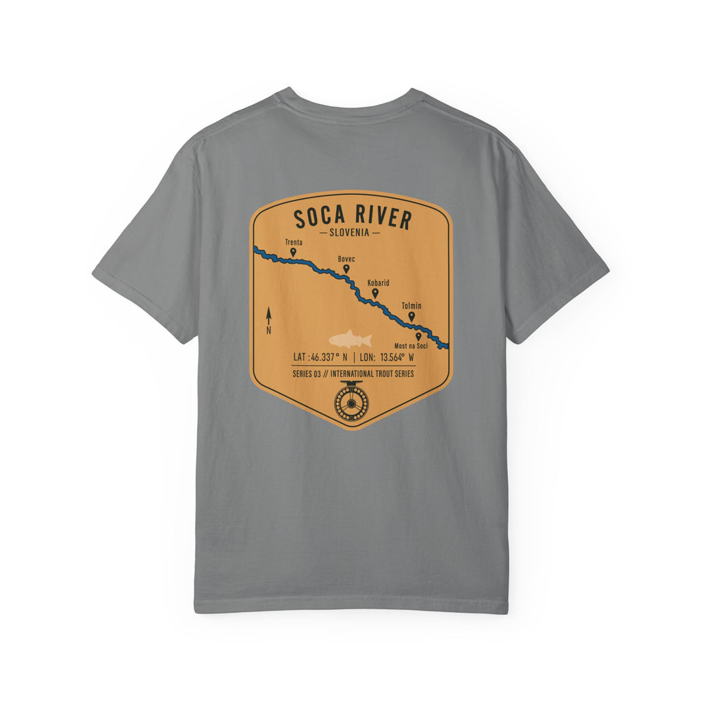 Soca River Slovenia Fly Fishing T-Shirt - International Trout Series Map Tee for Anglers and Outdoor Adventurers