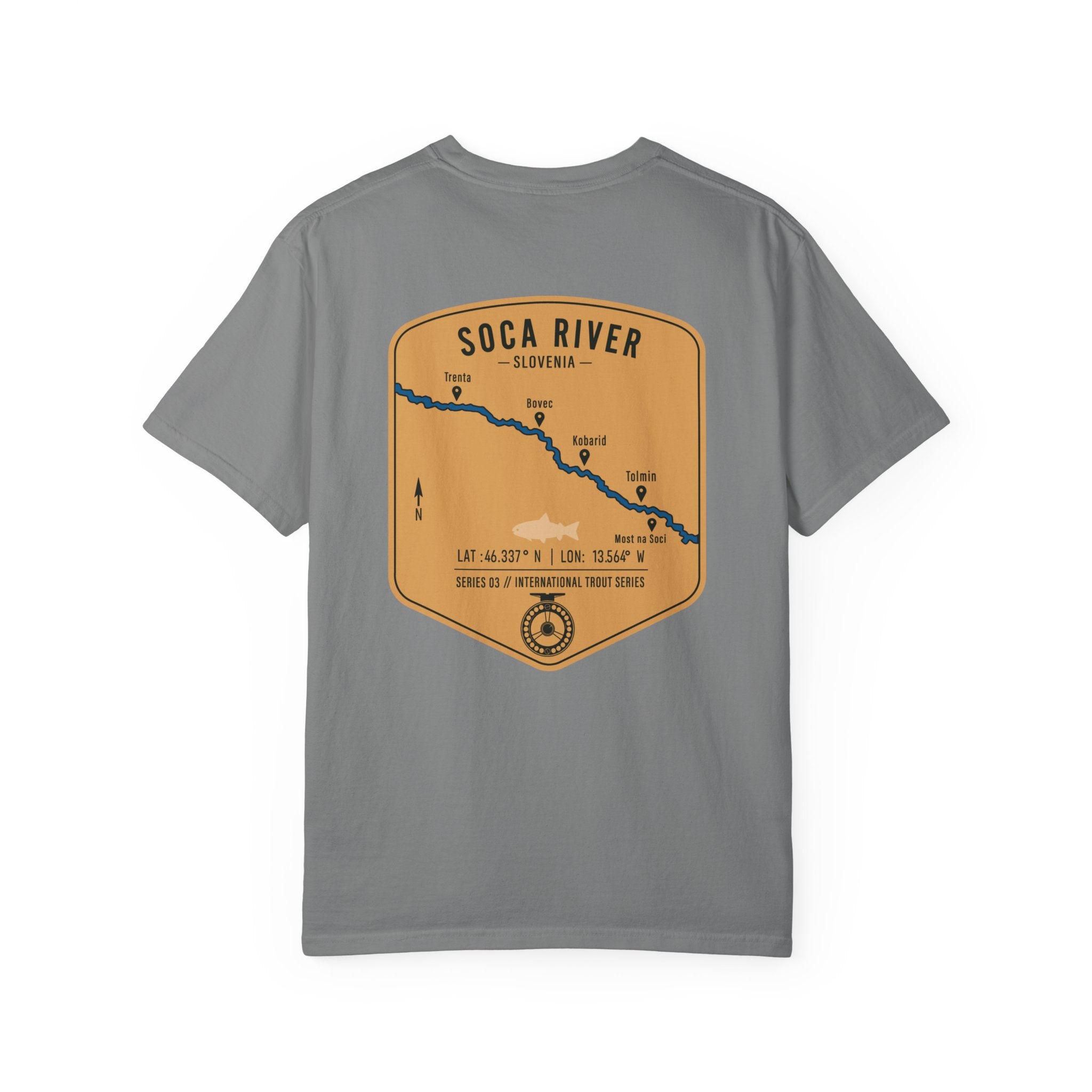 Soca River Slovenia Fly Fishing T-Shirt - International Trout Series Map Tee for Anglers and Outdoor Adventurers