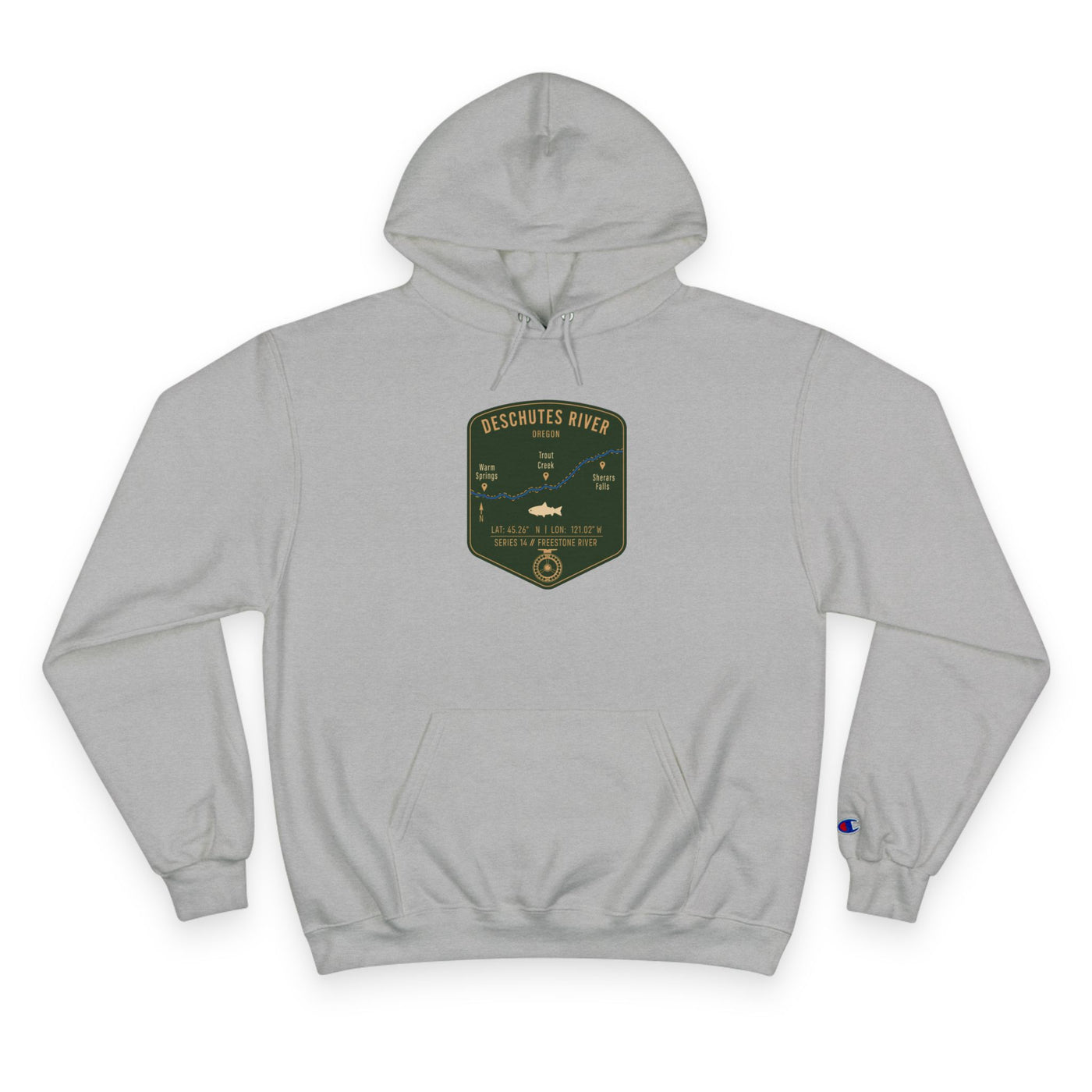 Deschutes River Patch Graphic Hoodie | Outdoor Adventure, River Kayaking Emblem