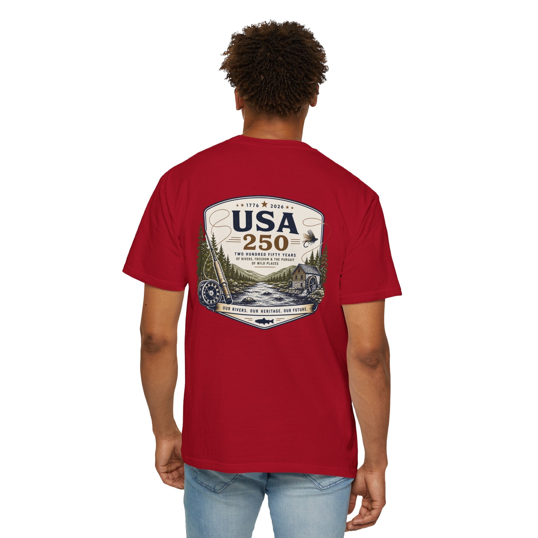 USA 250 River Heritage Light Color Back Badge Rugged Cotton Tee