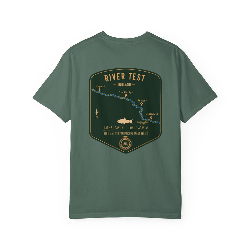 River Test England Fly Fishing T-Shirt - Premium Trout Angler Gift - Vintage Hampshire Chalk Stream Map Tee