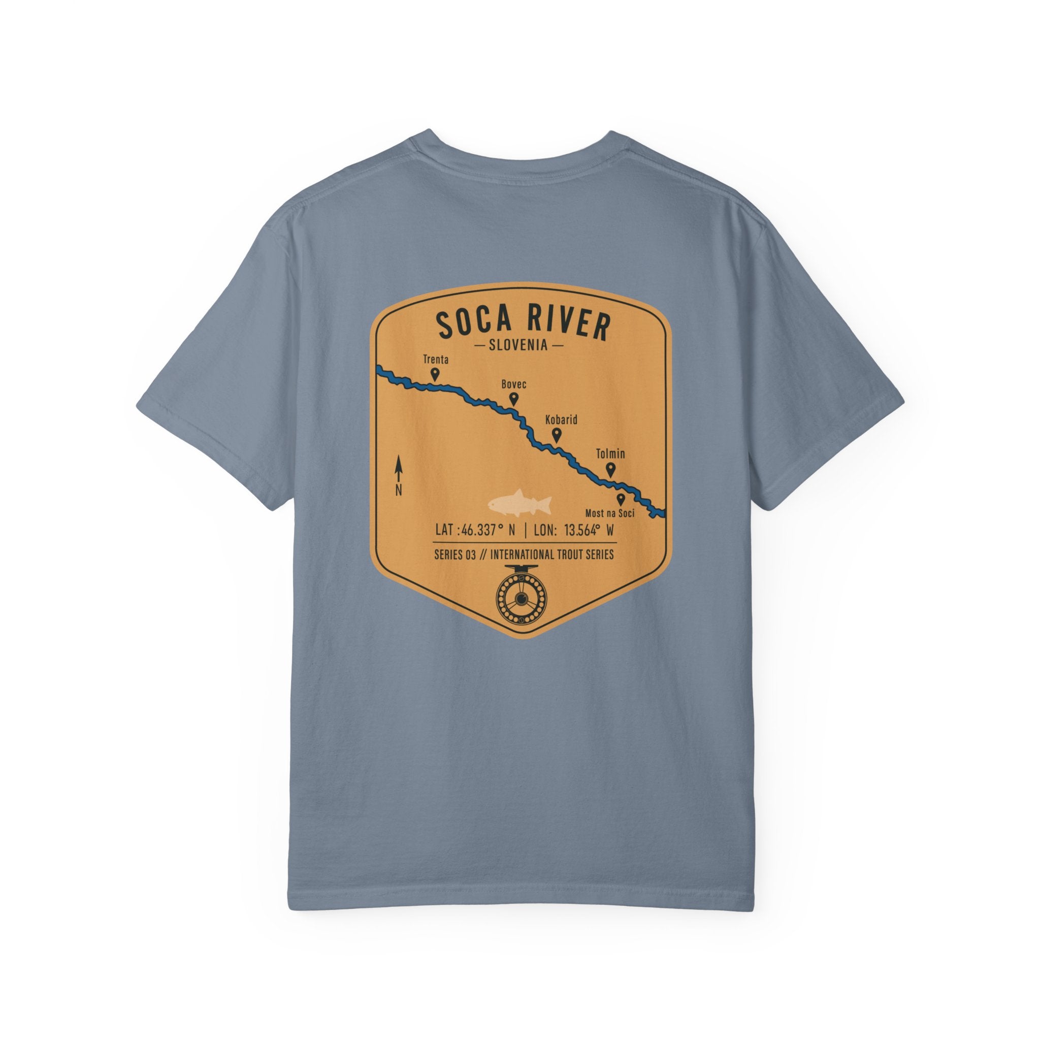 Soca River Slovenia Fly Fishing T-Shirt - International Trout Series Map Tee for Anglers and Outdoor Adventurers