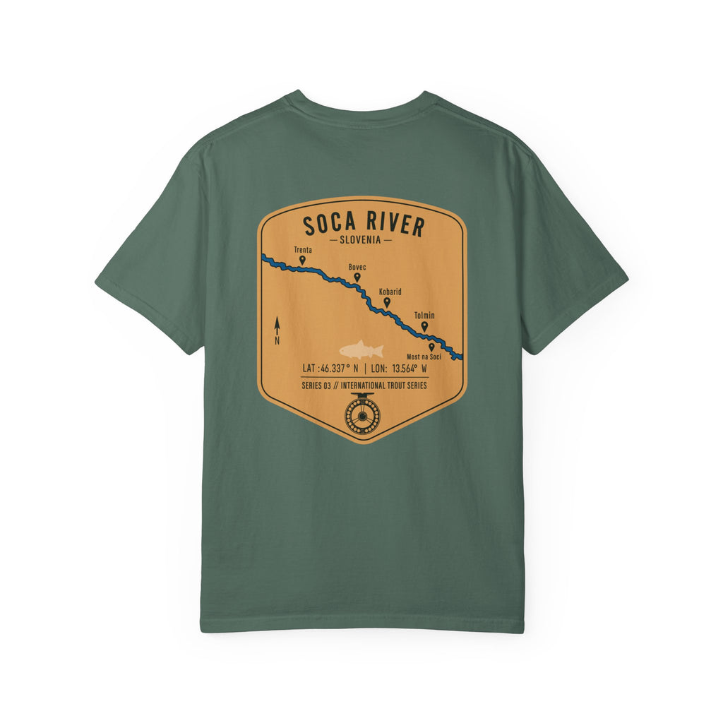 Soca River Slovenia Fly Fishing T-Shirt - International Trout Series Map Tee for Anglers and Outdoor Adventurers