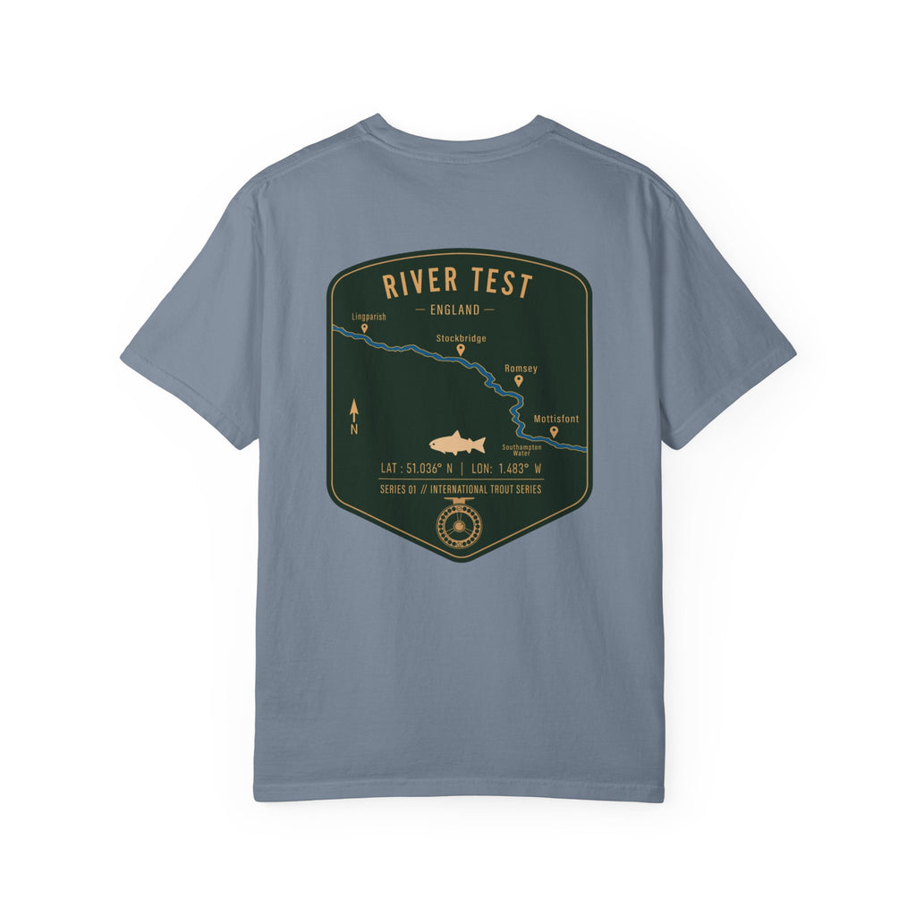 River Test England Fly Fishing T-Shirt - Premium Trout Angler Gift - Vintage Hampshire Chalk Stream Map Tee