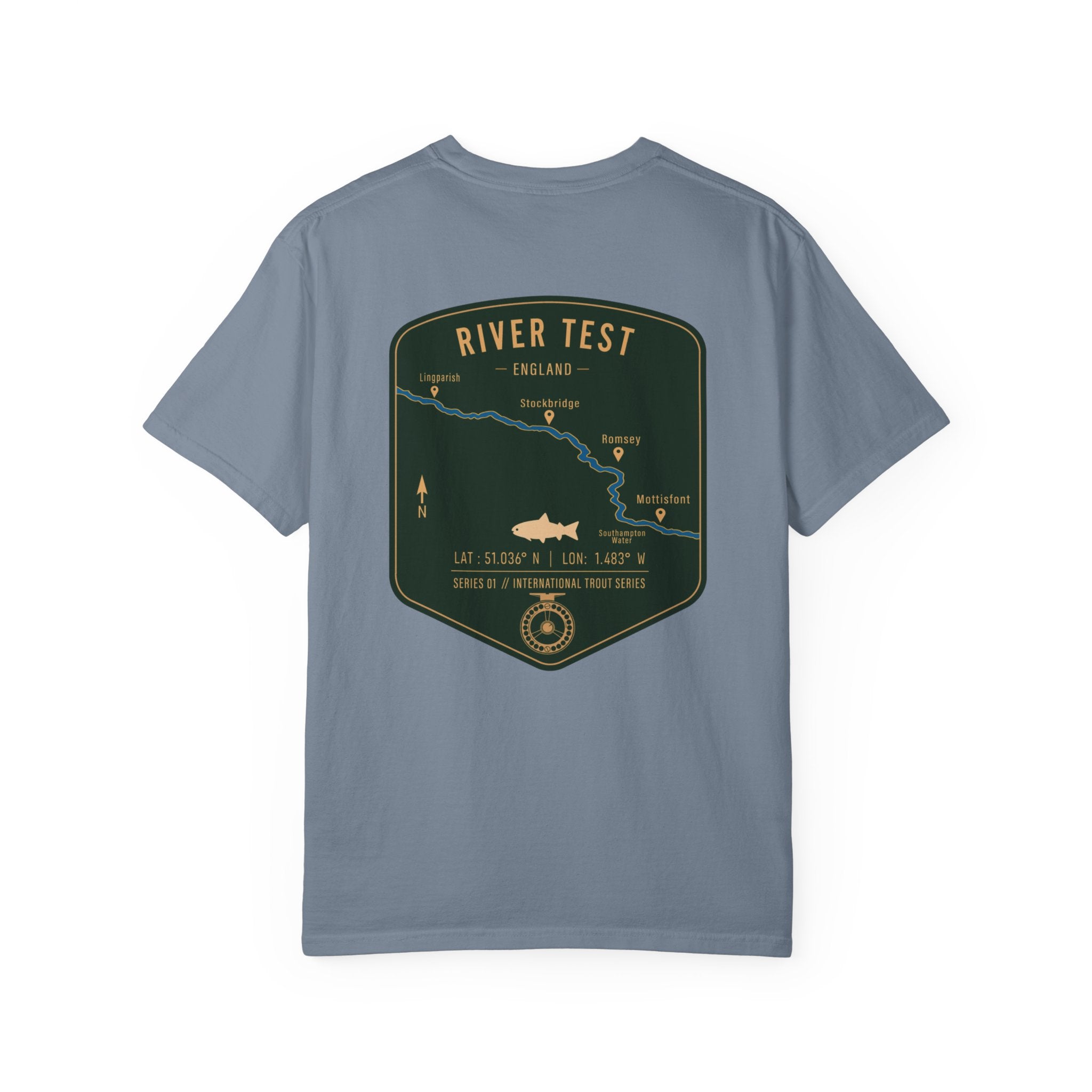 River Test England Fly Fishing T-Shirt - Premium Trout Angler Gift - Vintage Hampshire Chalk Stream Map Tee