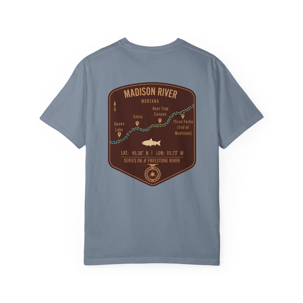 Madison River Montana Fly Fishing T-Shirt - Vintage Map Design Retro Angler Tee - Quake Lake Ennis Bear Trap Canyon Souvenir