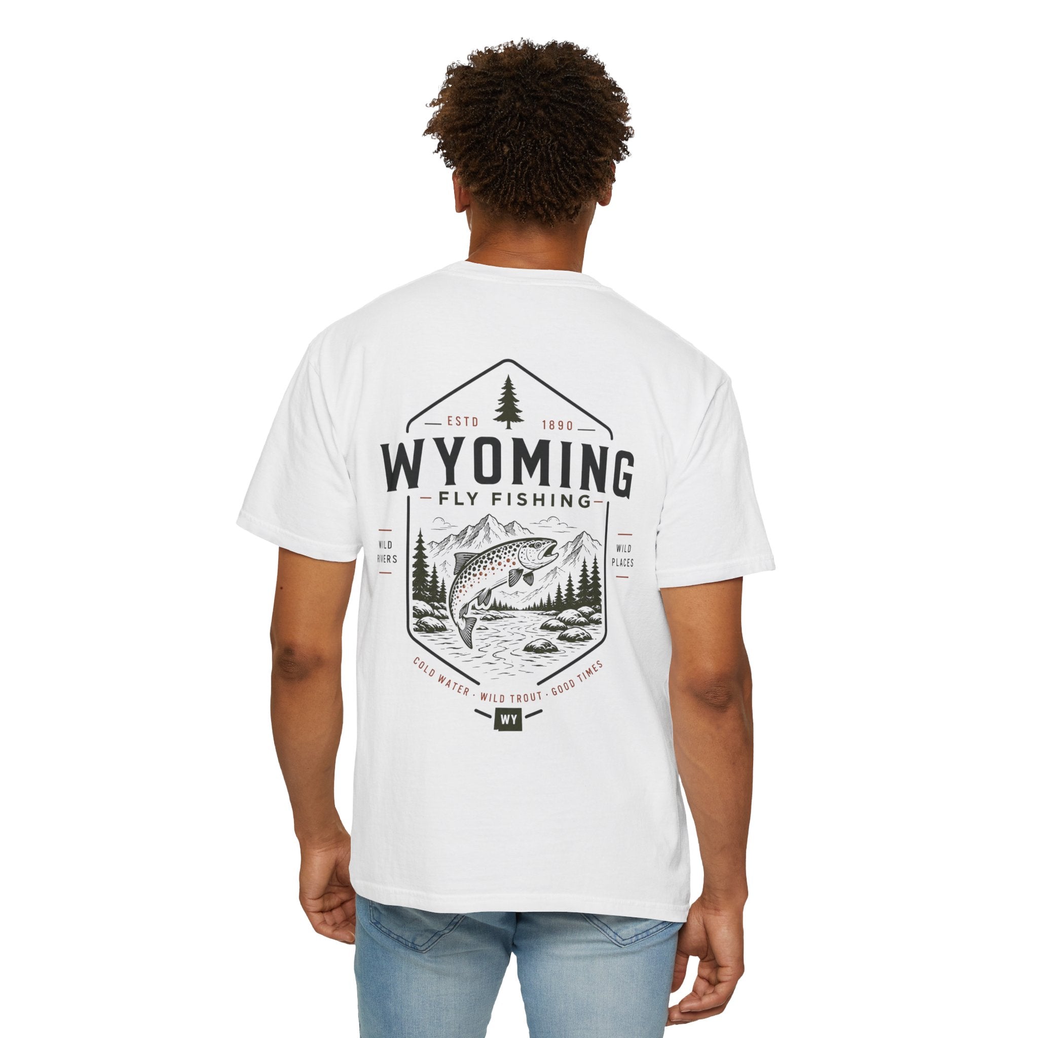 Wyoming - State Fly Fishing Badge — Rugged Cotton Tee