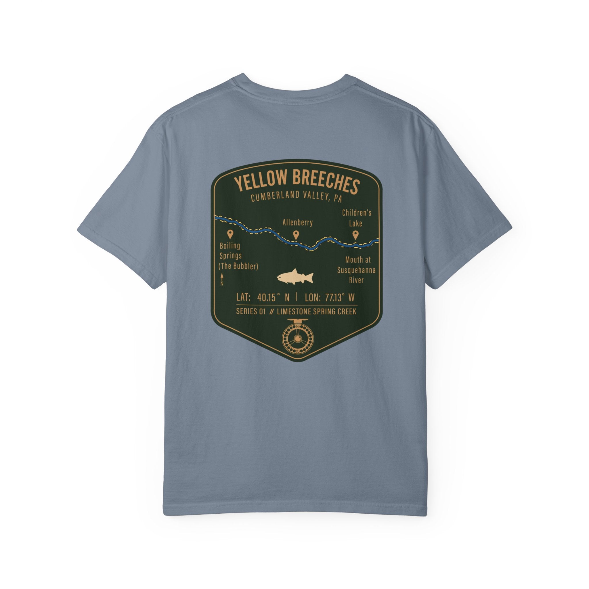 Yellow Breeches Fly Fishing T-Shirt - Cumberland Valley PA Trout Fishing Gear - Vintage Badge Style Limestone Creek Tee