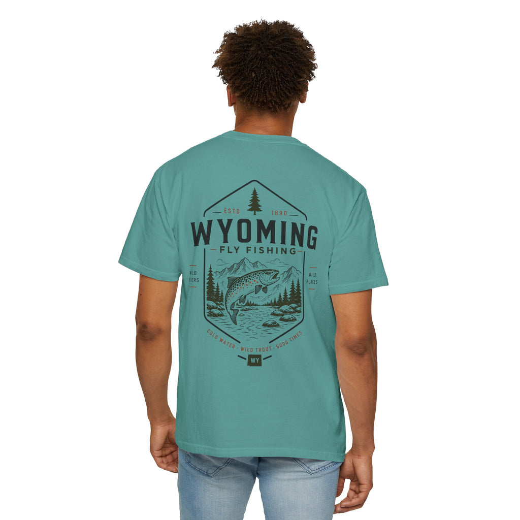 Wyoming - State Fly Fishing Badge — Rugged Cotton Tee