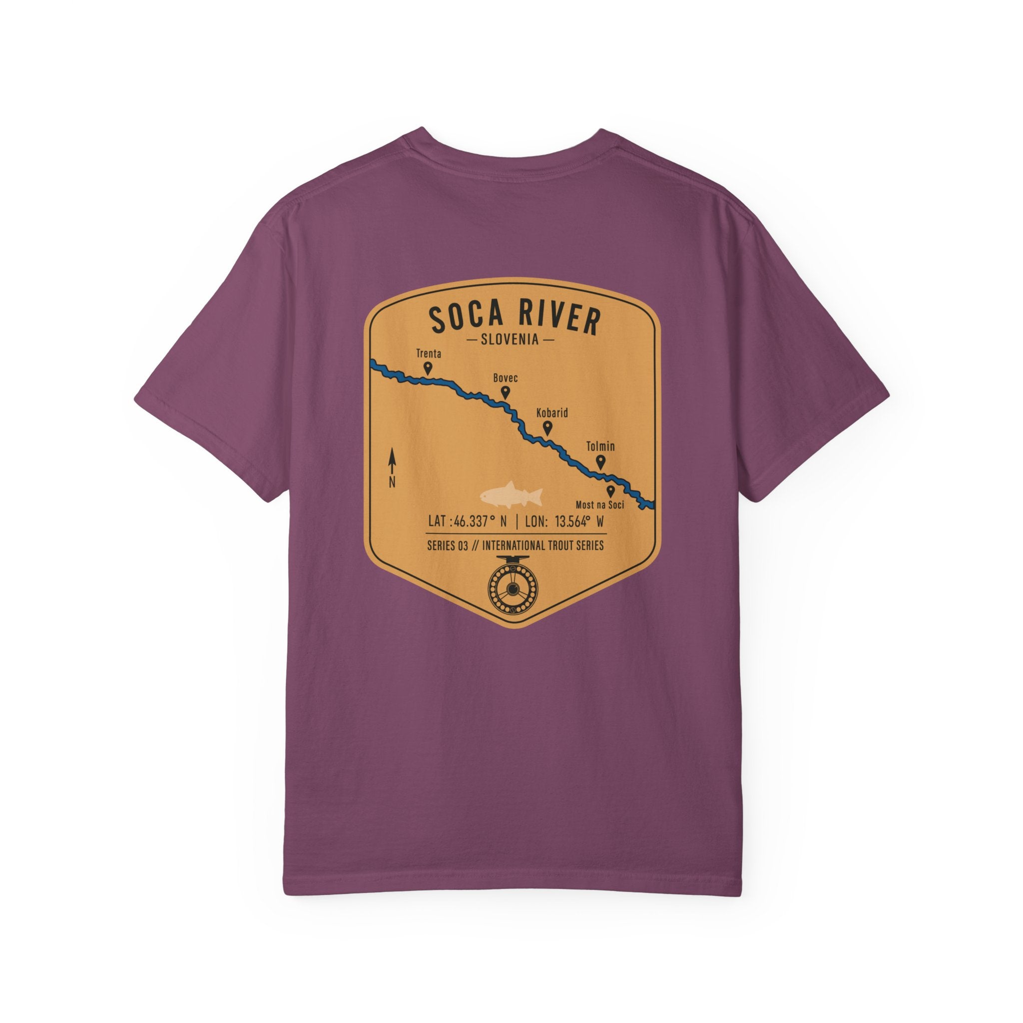 Soca River Slovenia Fly Fishing T-Shirt - International Trout Series Map Tee for Anglers and Outdoor Adventurers