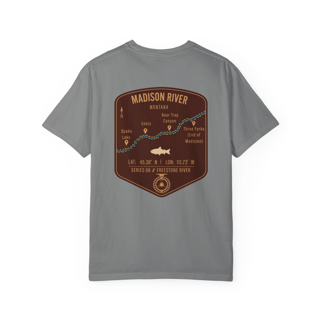 Madison River Montana Fly Fishing T-Shirt - Vintage Map Design Retro Angler Tee - Quake Lake Ennis Bear Trap Canyon Souvenir