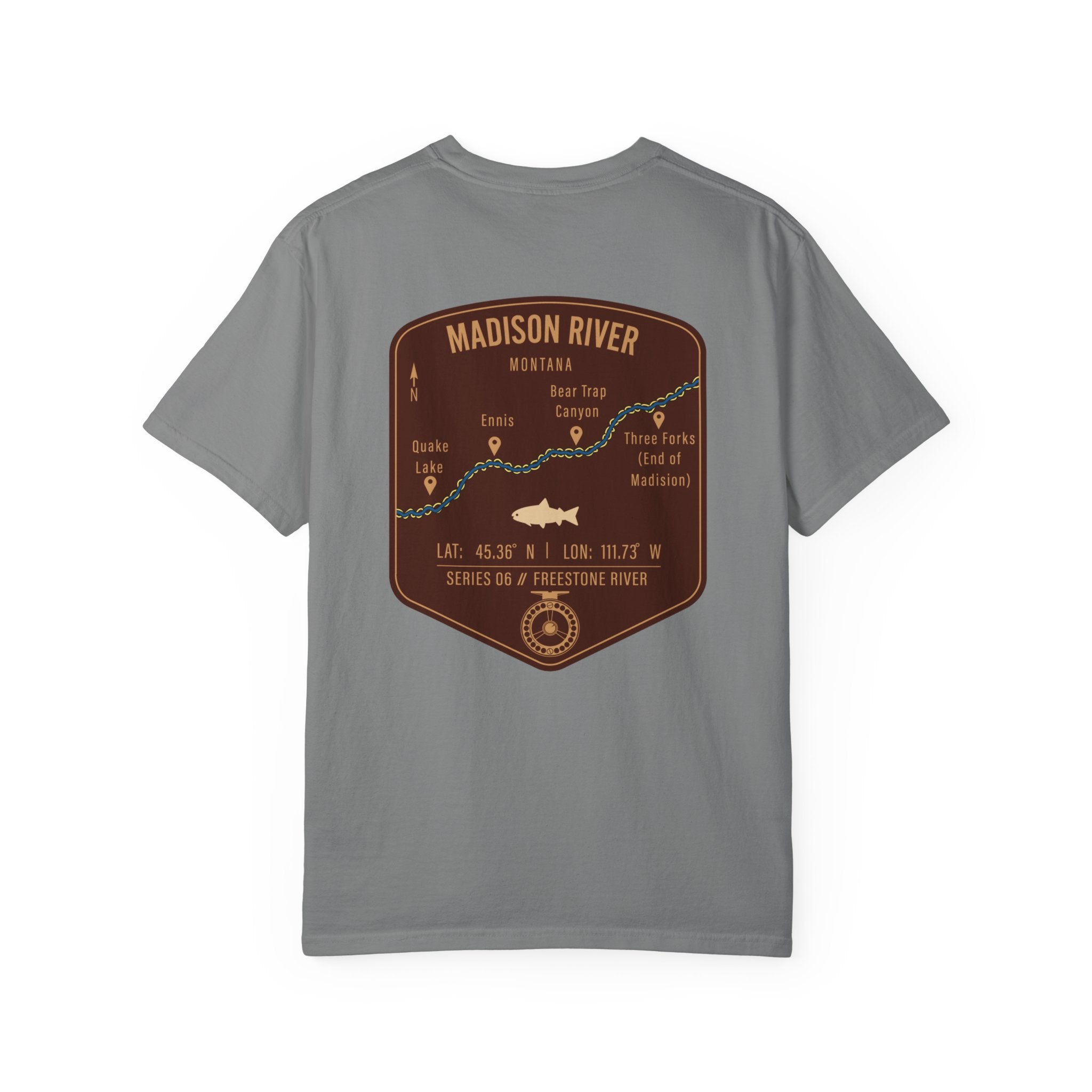 Madison River Montana Fly Fishing T-Shirt - Vintage Map Design Retro Angler Tee - Quake Lake Ennis Bear Trap Canyon Souvenir