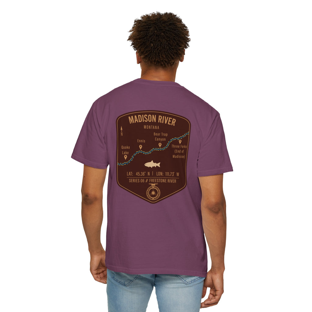 Madison River Montana Fly Fishing T-Shirt - Vintage Map Design Retro Angler Tee - Quake Lake Ennis Bear Trap Canyon Souvenir