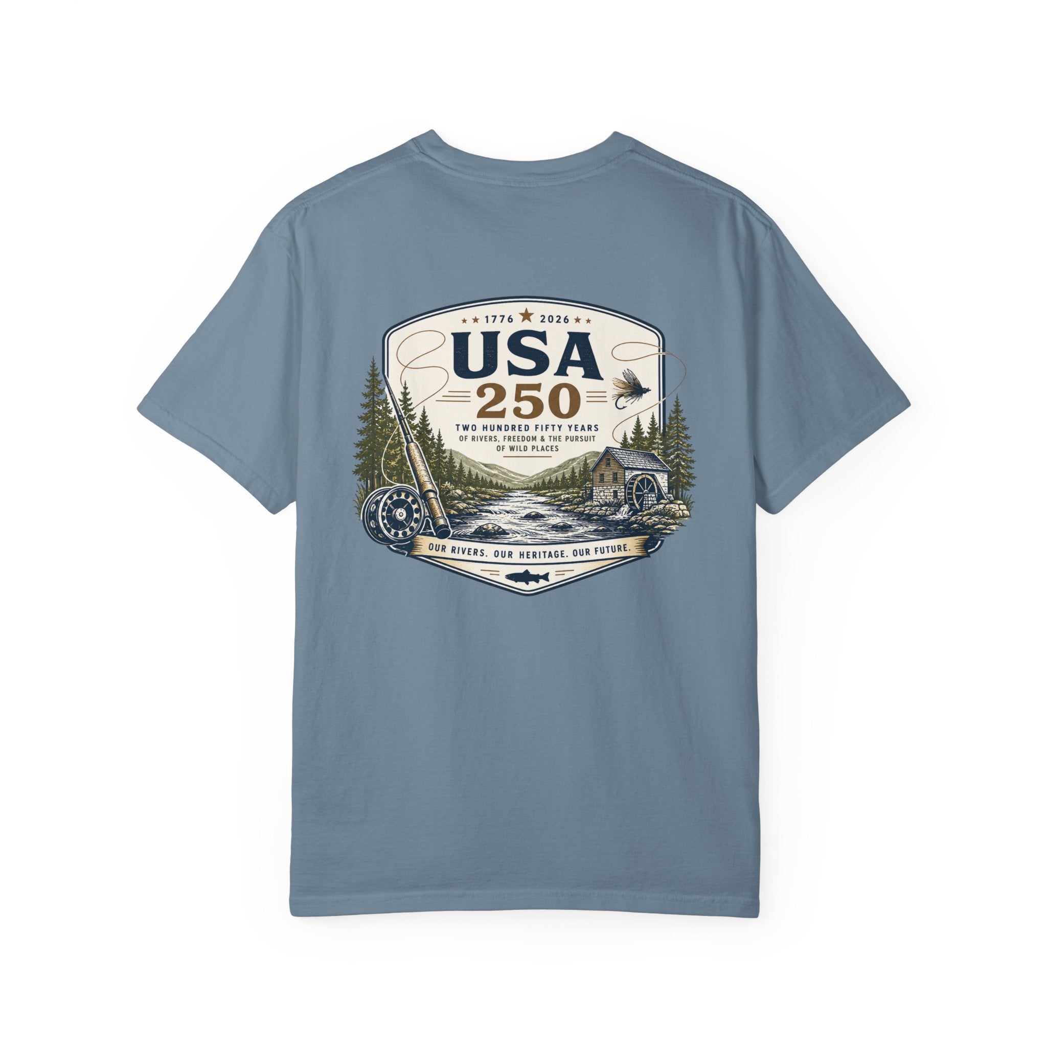 USA 250 River Heritage Light Color Back Badge Rugged Cotton Tee