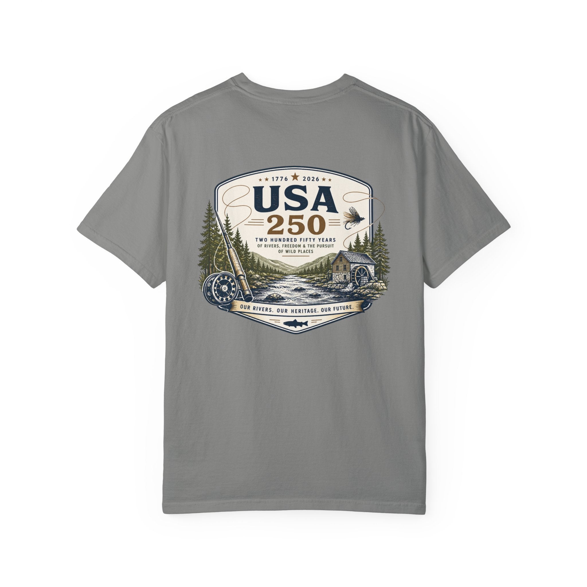 USA 250 River Heritage Light Color Back Badge Rugged Cotton Tee