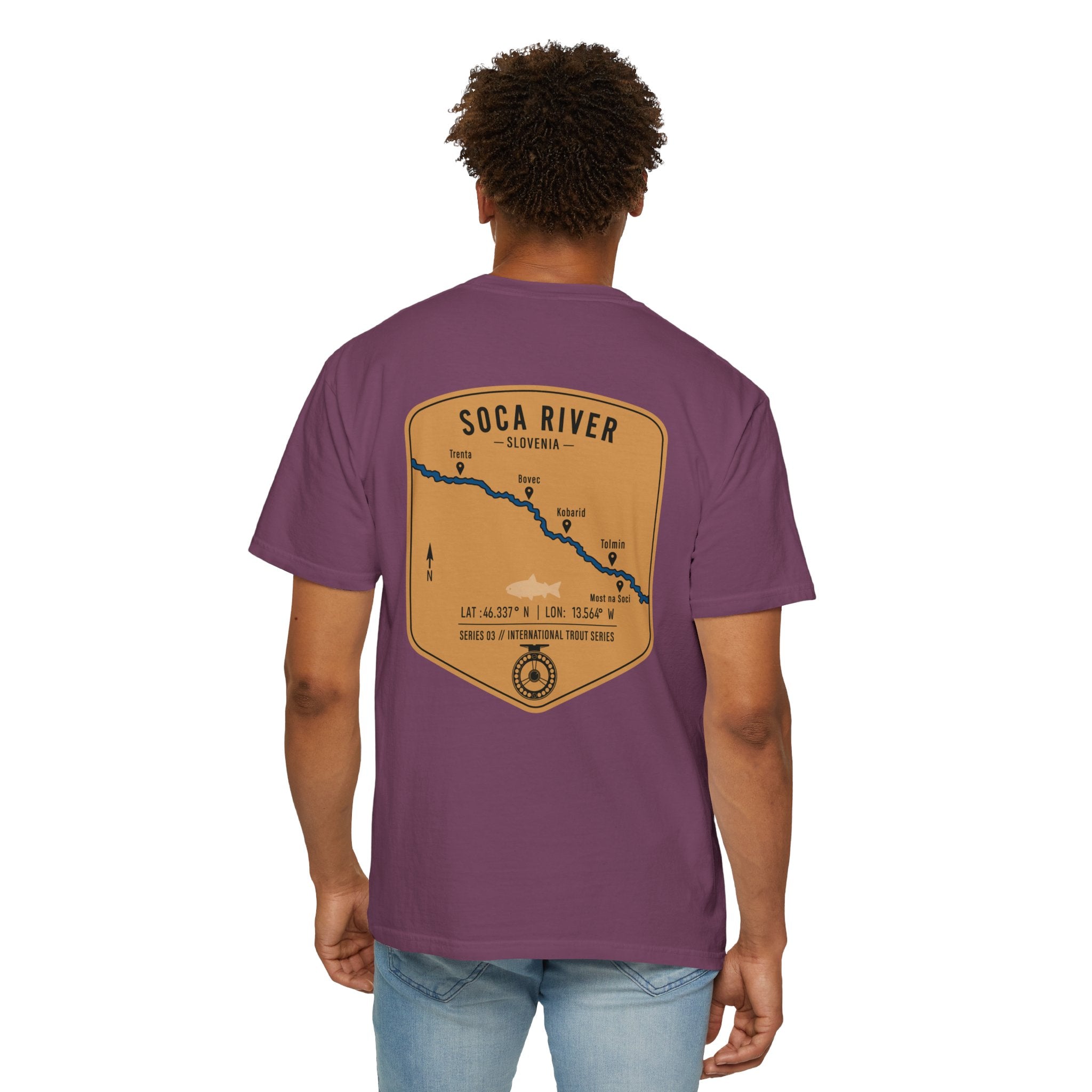 Soca River Slovenia Fly Fishing T-Shirt - International Trout Series Map Tee for Anglers and Outdoor Adventurers