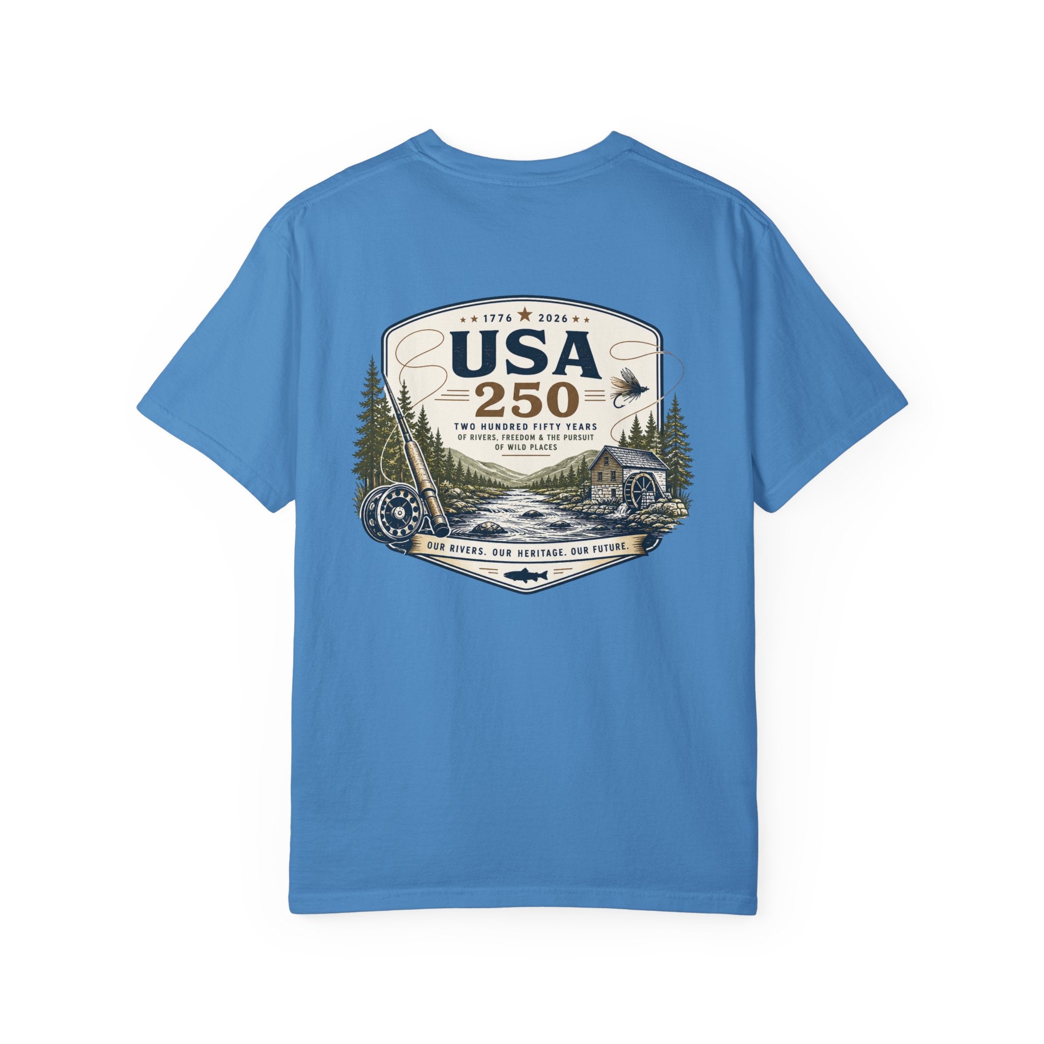 USA 250 River Heritage Light Color Back Badge Rugged Cotton Tee