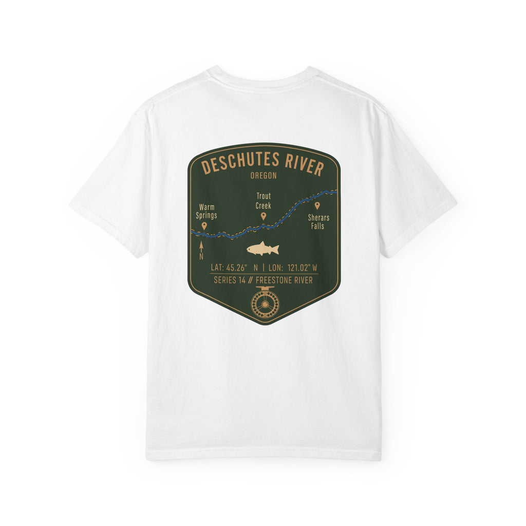 Deschutes River Oregon Fly Fishing T-Shirt - Vintage Trout Angler Map Tee - Warm Springs & Trout Creek Adventure Apparel