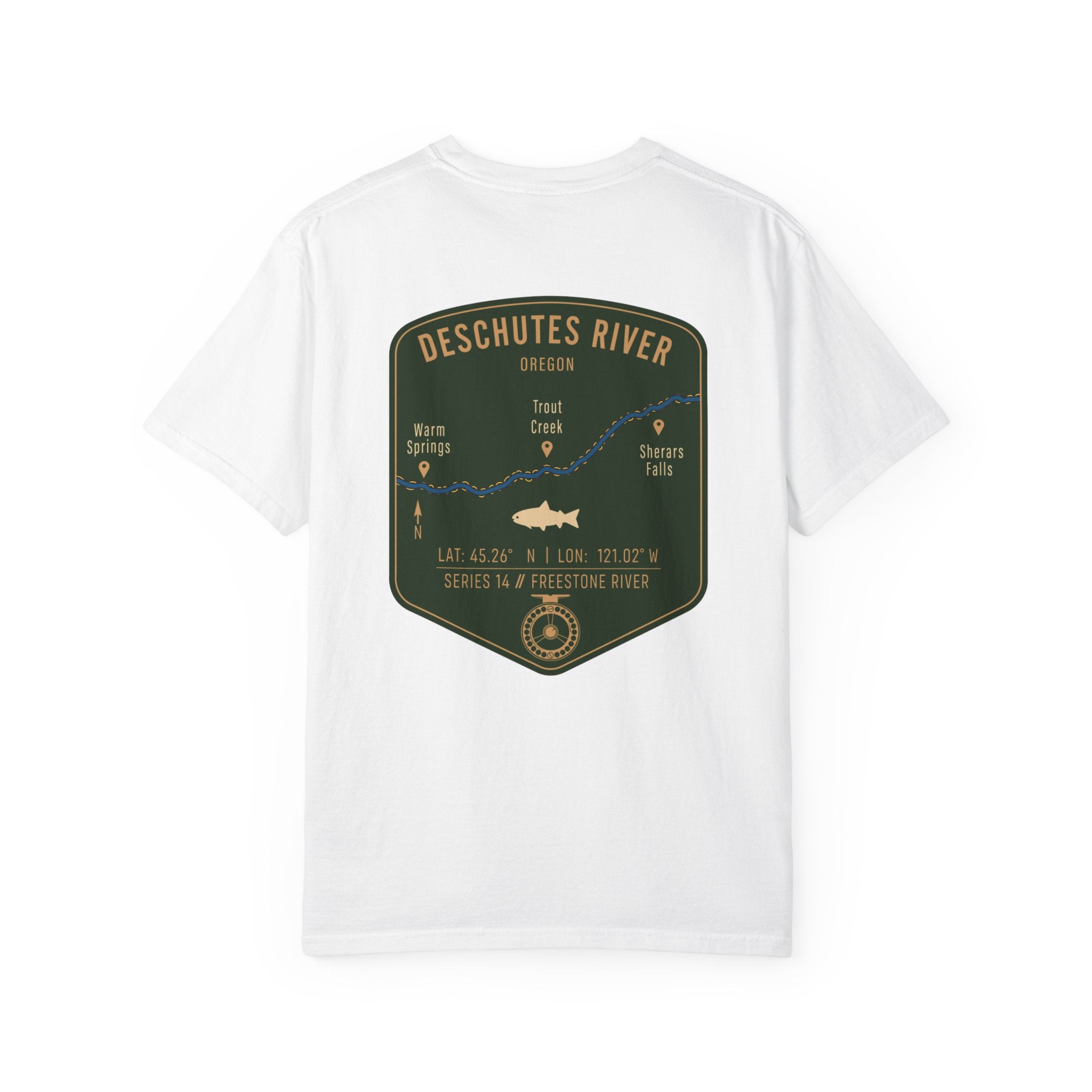 Deschutes River Oregon Fly Fishing T-Shirt - Vintage Trout Angler Map Tee - Warm Springs & Trout Creek Adventure Apparel