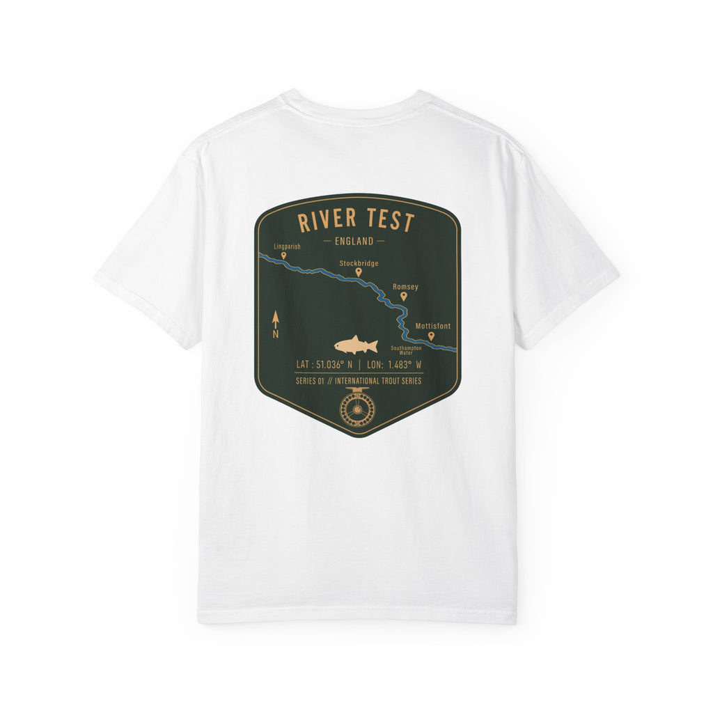 River Test England Fly Fishing T-Shirt - Premium Trout Angler Gift - Vintage Hampshire Chalk Stream Map Tee