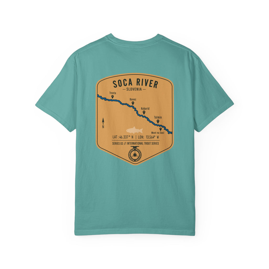 Soca River Slovenia Fly Fishing T-Shirt - International Trout Series Map Tee for Anglers and Outdoor Adventurers
