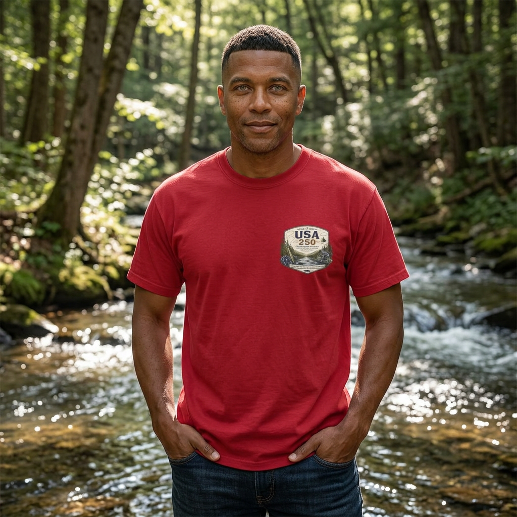 USA 250 River Heritage | Pocket-Sized Light Color Badge Rugged Cotton Tee