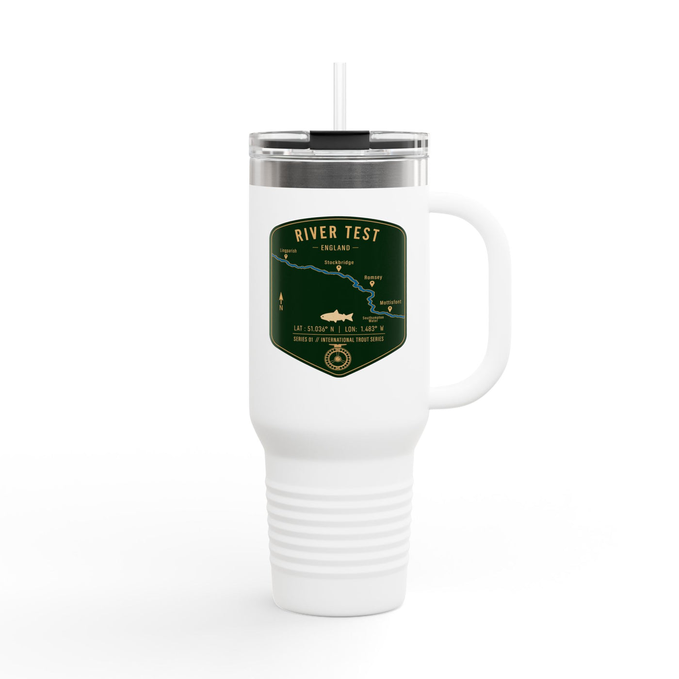 River Test Fishing Badge Travel Mug | 40oz Insulated Tumbler