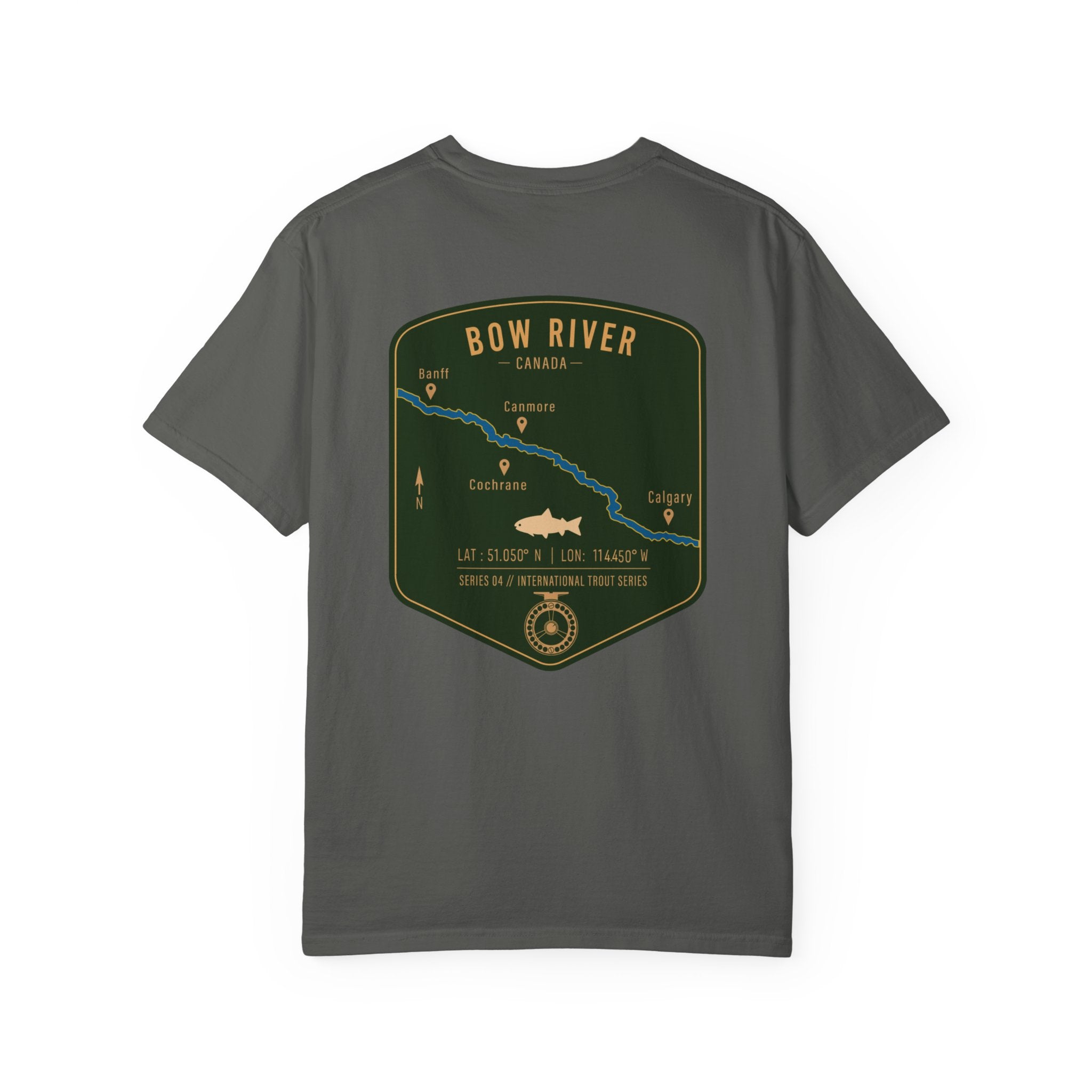 Bow River Canada Fly Fishing T-Shirt - International Trout Series Map Tee - Alberta Angler Gift for Men and Women
