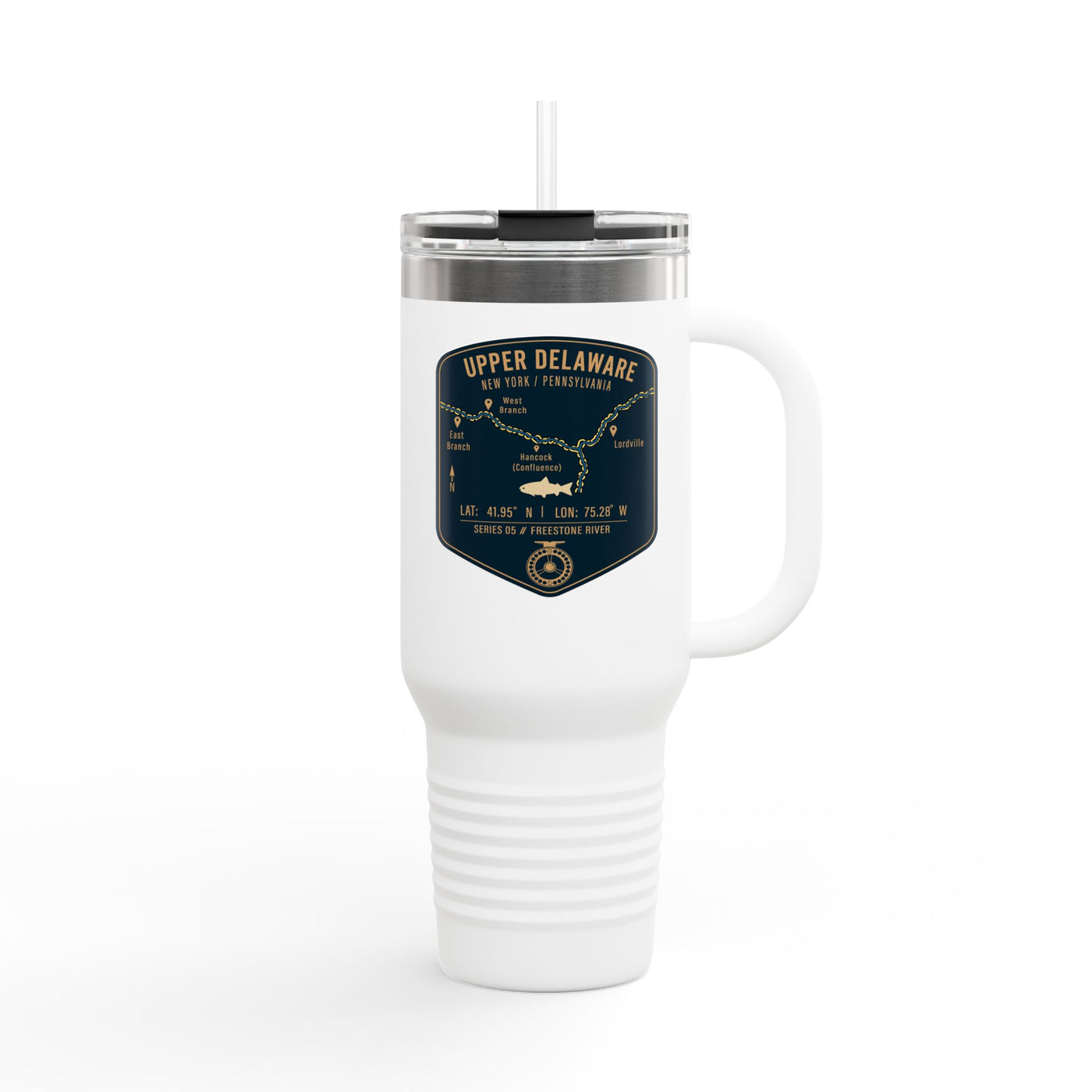 Upper Delaware Fishing Badge Travel Mug | 40oz Insulated Tumbler