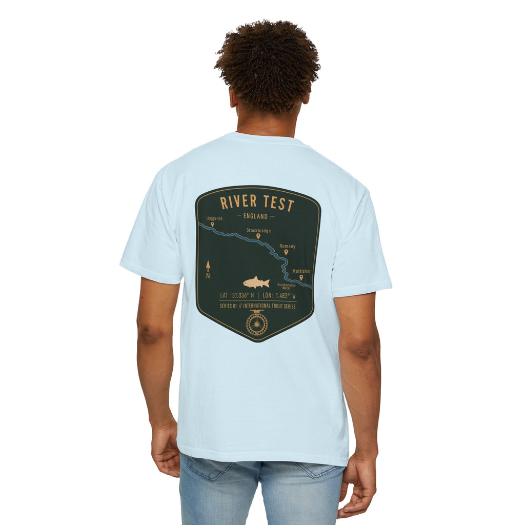River Test England Fly Fishing T-Shirt - Premium Trout Angler Gift - Vintage Hampshire Chalk Stream Map Tee