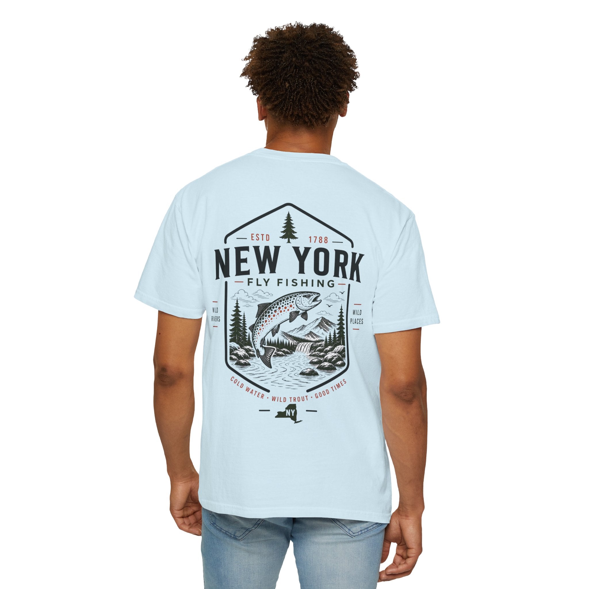 New York - State Fly Fishing Badge — Rugged Cotton Tee