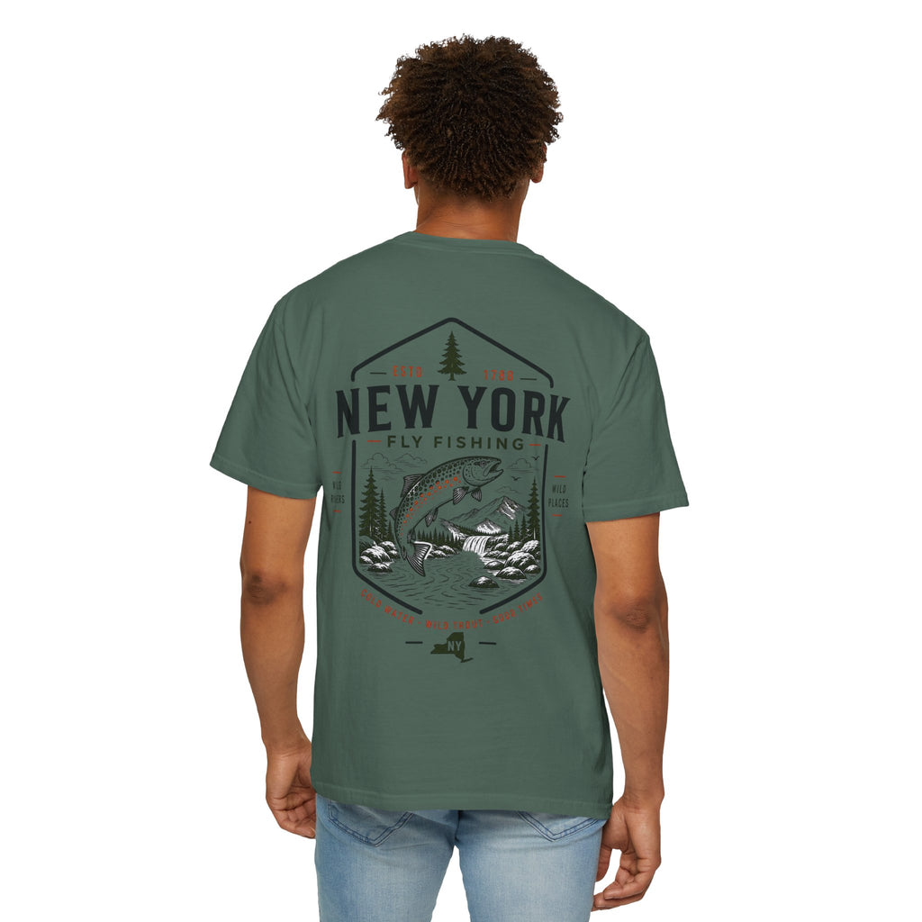 New York - State Fly Fishing Badge — Rugged Cotton Tee