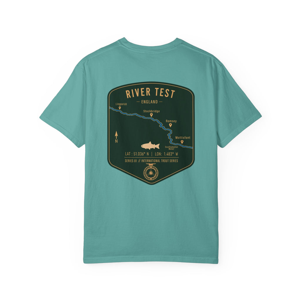 River Test England Fly Fishing T-Shirt - Premium Trout Angler Gift - Vintage Hampshire Chalk Stream Map Tee