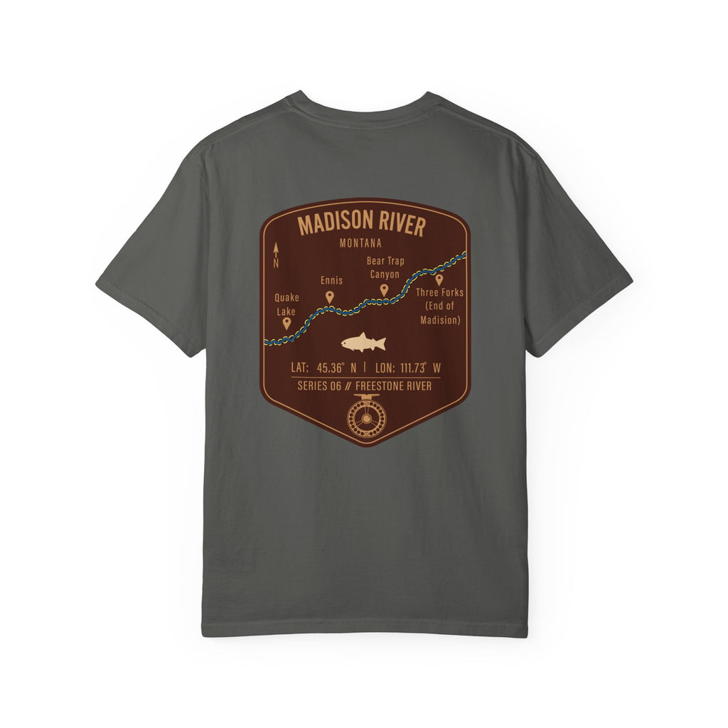 Madison River Montana Fly Fishing T-Shirt - Vintage Map Design Retro Angler Tee - Quake Lake Ennis Bear Trap Canyon Souvenir