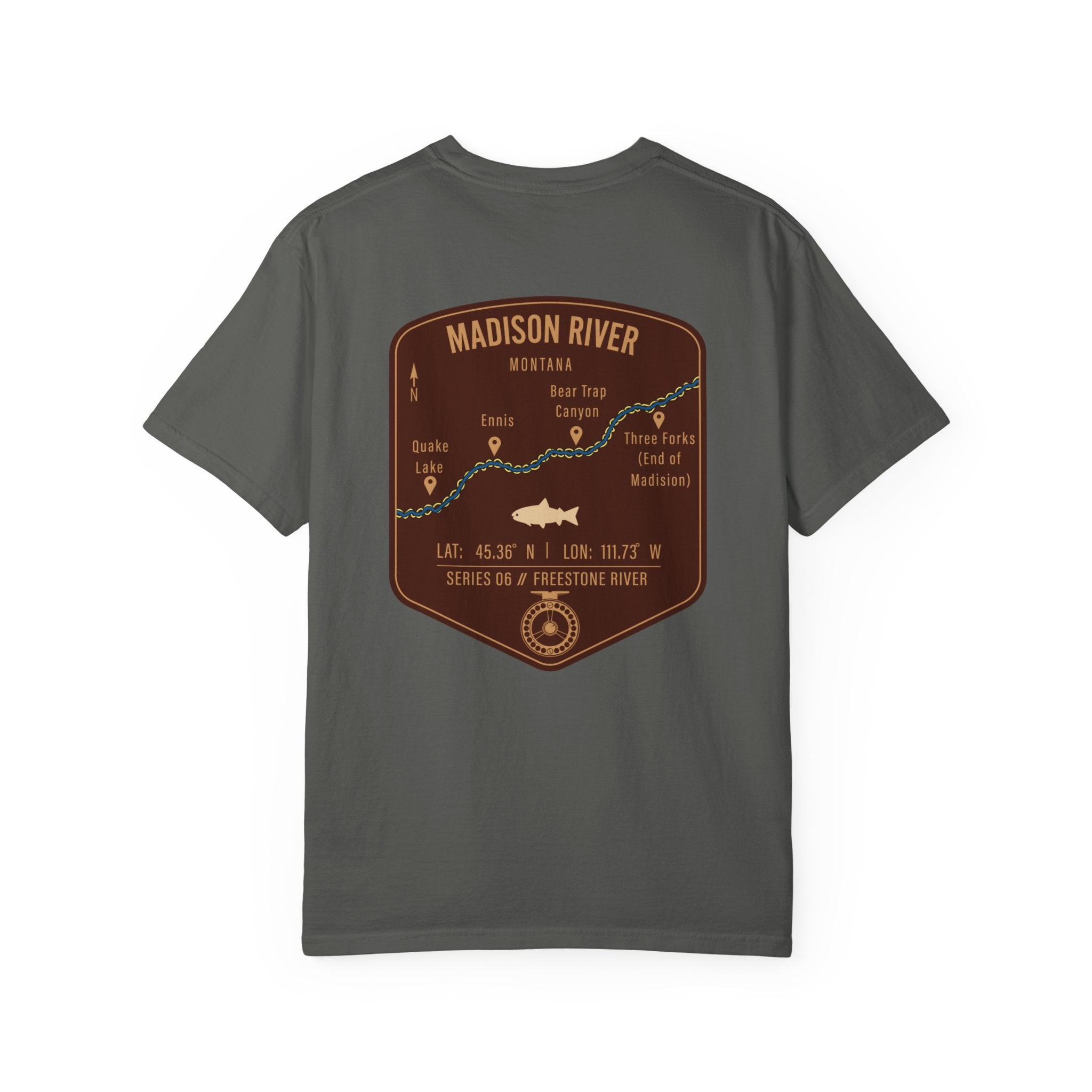 Madison River Montana Fly Fishing T-Shirt - Vintage Map Design Retro Angler Tee - Quake Lake Ennis Bear Trap Canyon Souvenir