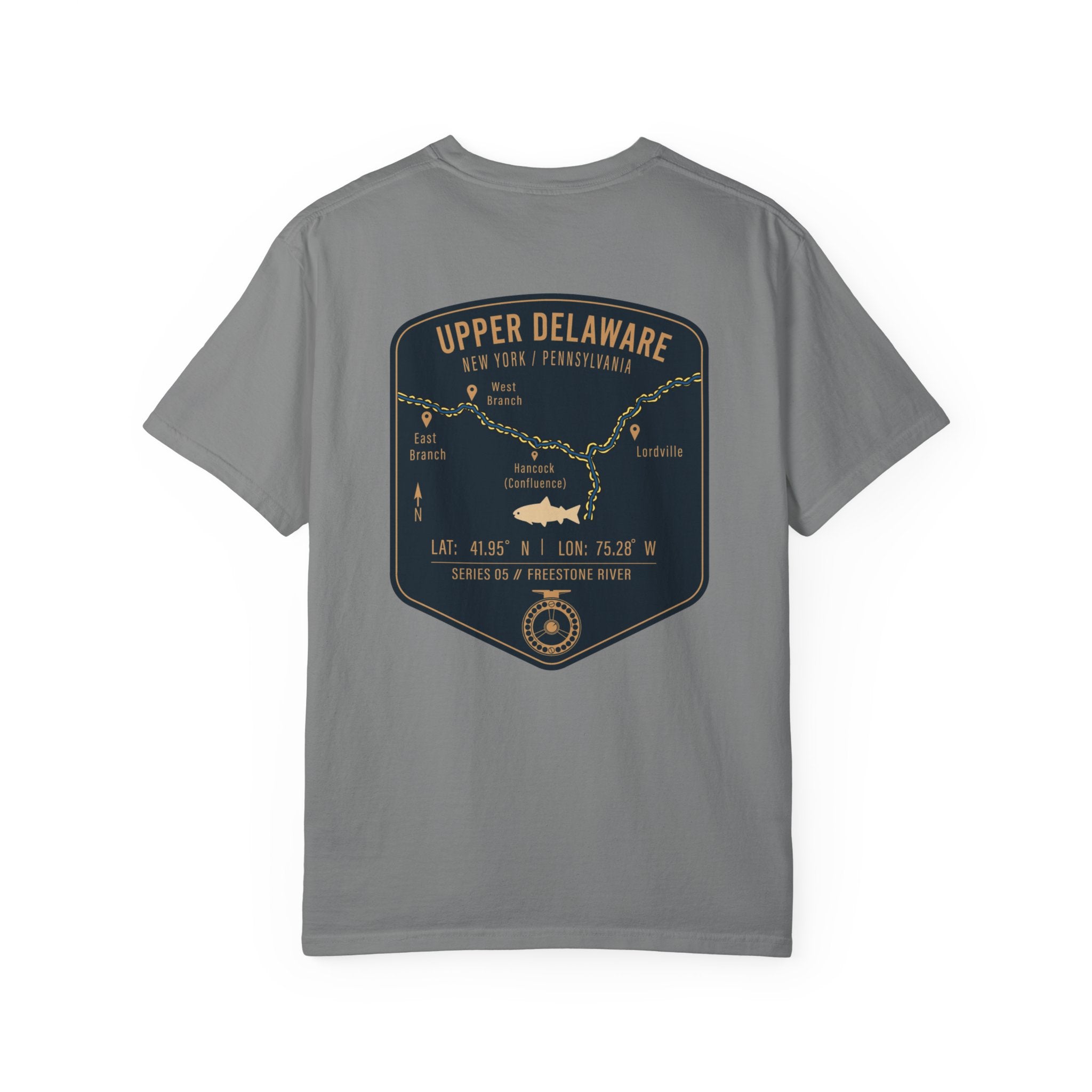 Upper Delaware River Fly Fishing T-Shirt - Vintage Hancock NY PA Map Design - Premium Angler Gift Tee