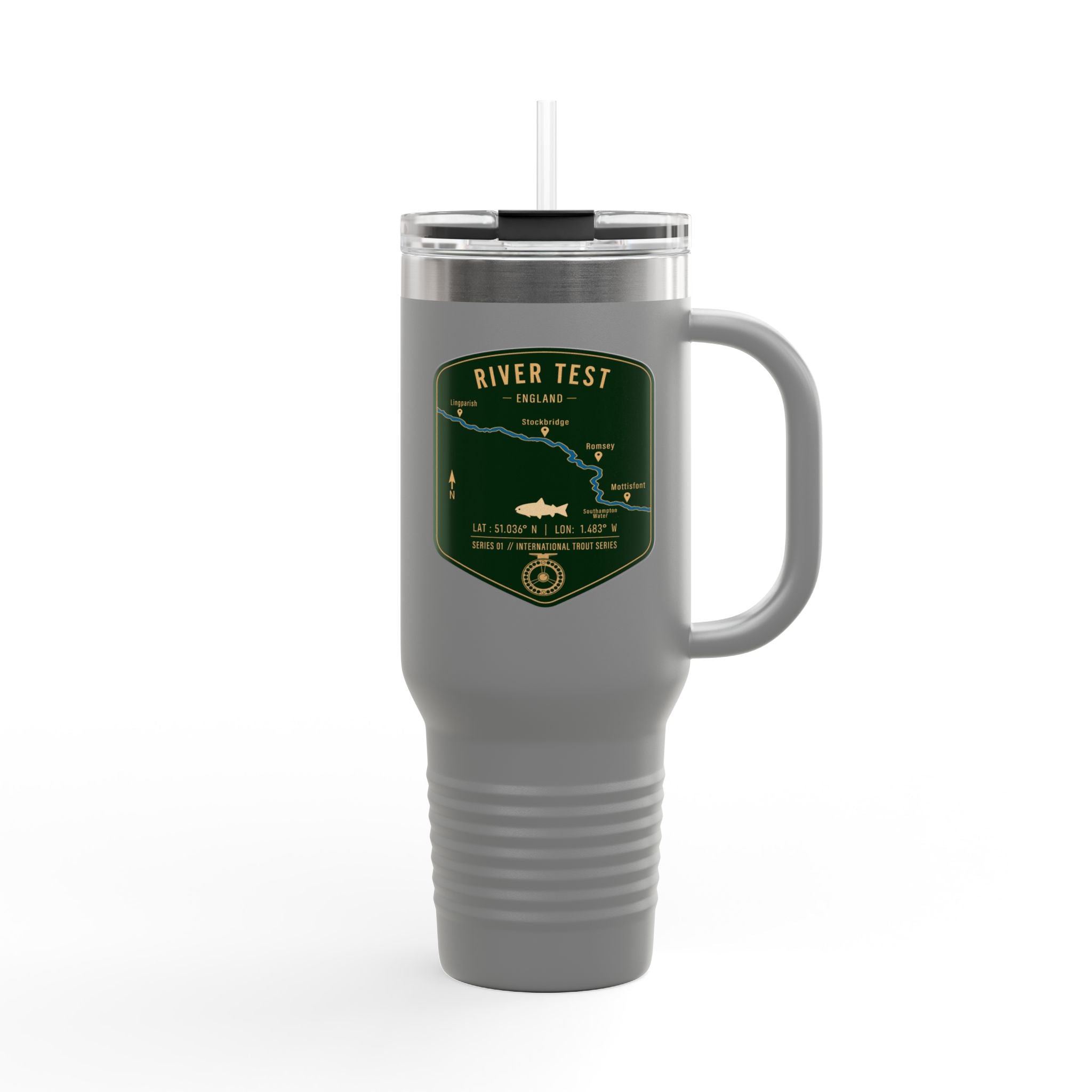 River Test Fishing Badge Travel Mug | 40oz Insulated Tumbler