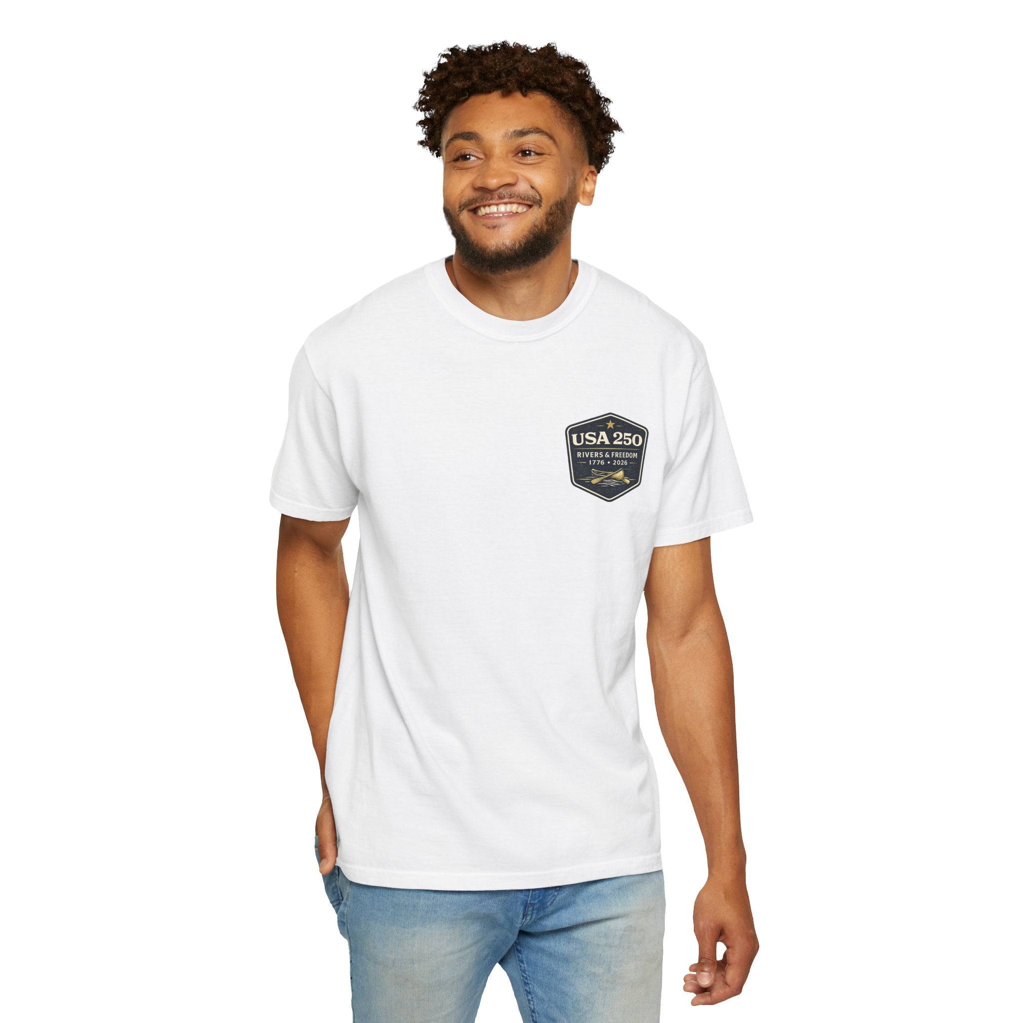USA 250 River Heritage Light Color Back Badge Rugged Cotton Tee