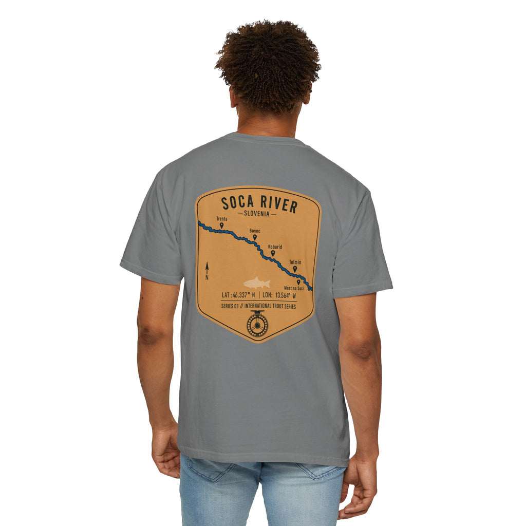 Soca River Slovenia Fly Fishing T-Shirt - International Trout Series Map Tee for Anglers and Outdoor Adventurers
