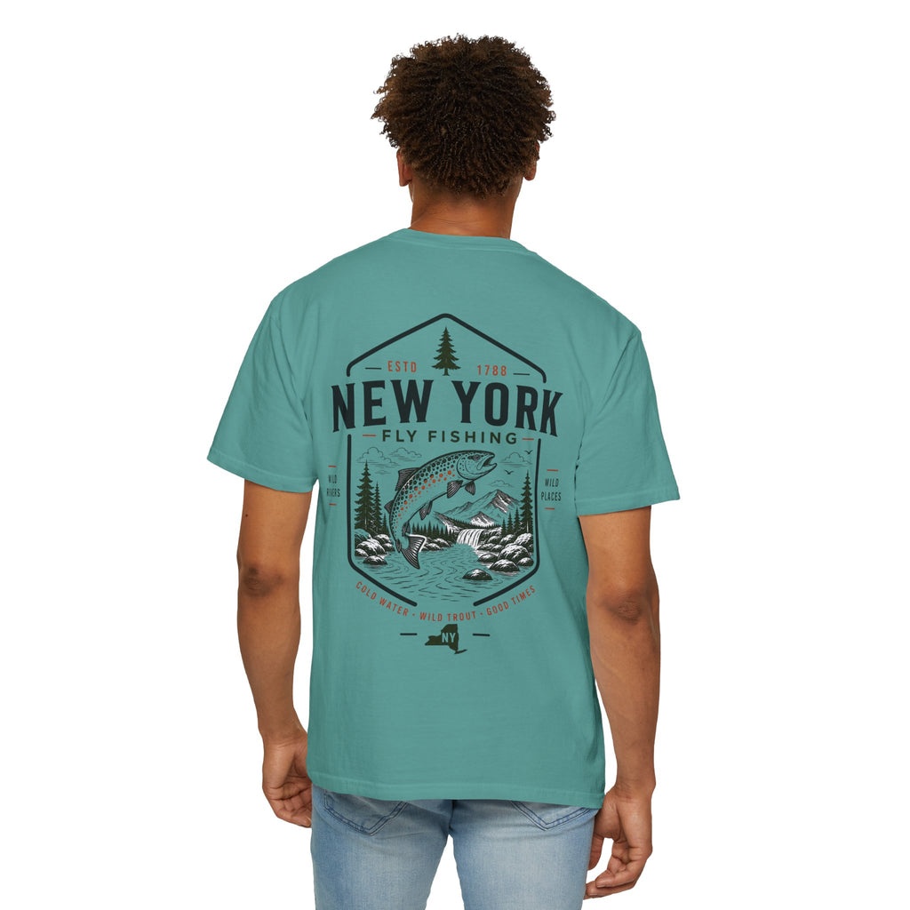 New York - State Fly Fishing Badge — Rugged Cotton Tee