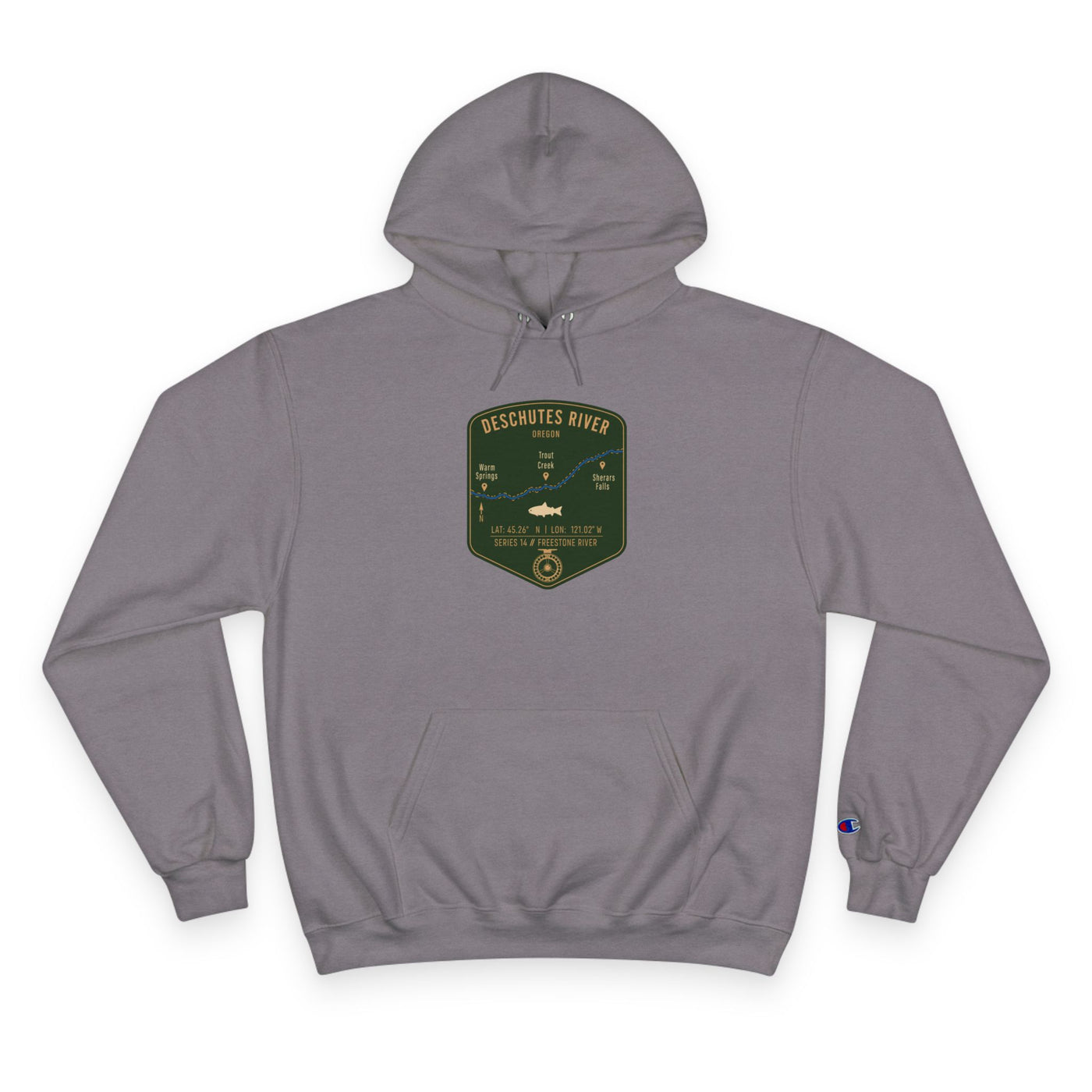Deschutes River Patch Graphic Hoodie | Outdoor Adventure, River Kayaking Emblem