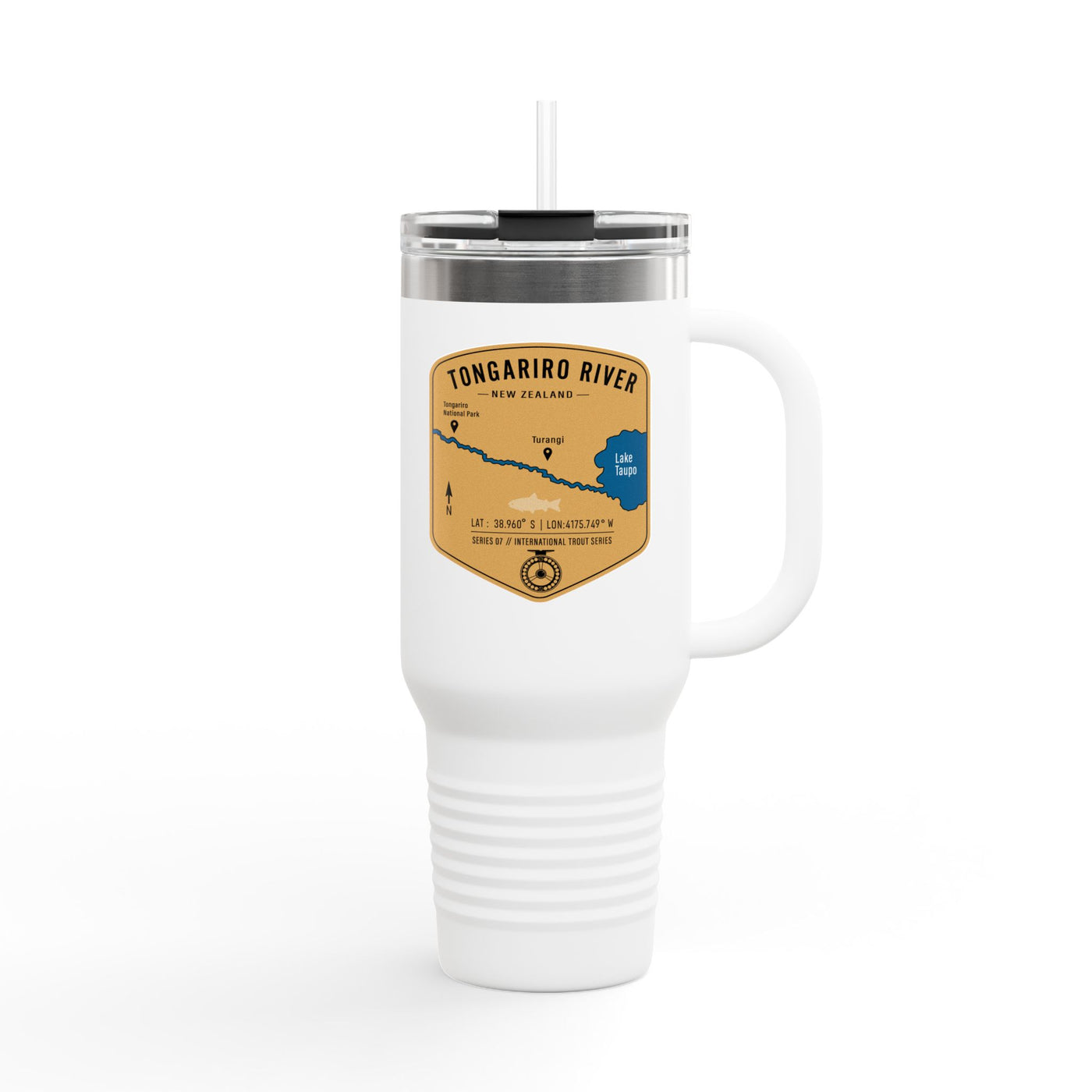 Tongariro River Fishing Badge Travel Mug | 40oz Insulated Tumbler