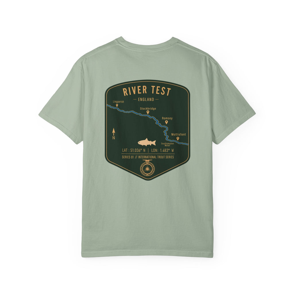 River Test England Fly Fishing T-Shirt - Premium Trout Angler Gift - Vintage Hampshire Chalk Stream Map Tee