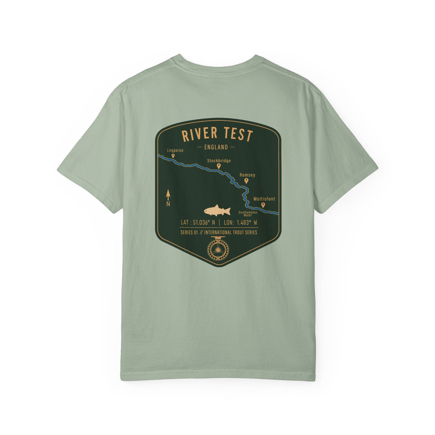 River Test England Fly Fishing T-Shirt - Premium Trout Angler Gift - Vintage Hampshire Chalk Stream Map Tee